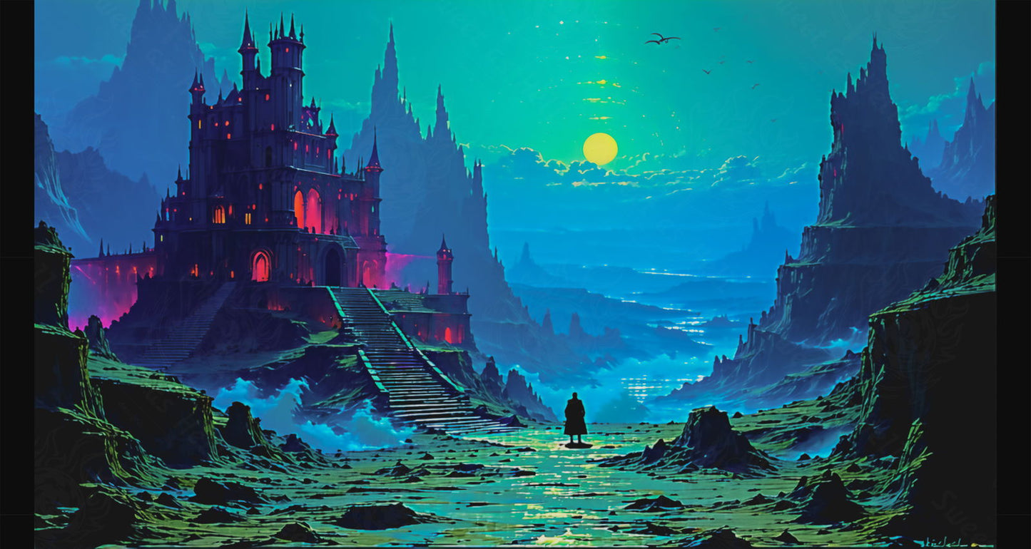 An adventurer stands before a mystical castle in a surreal landscape SN3075 - Sweet As Hell Designs