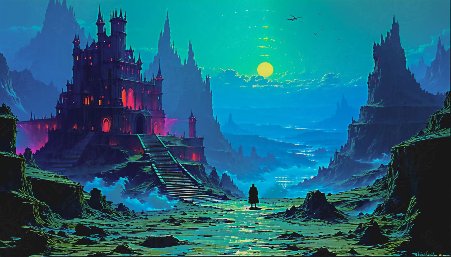 An adventurer stands before a mystical castle in a surreal landscape SN3075 - Sweet As Hell Designs