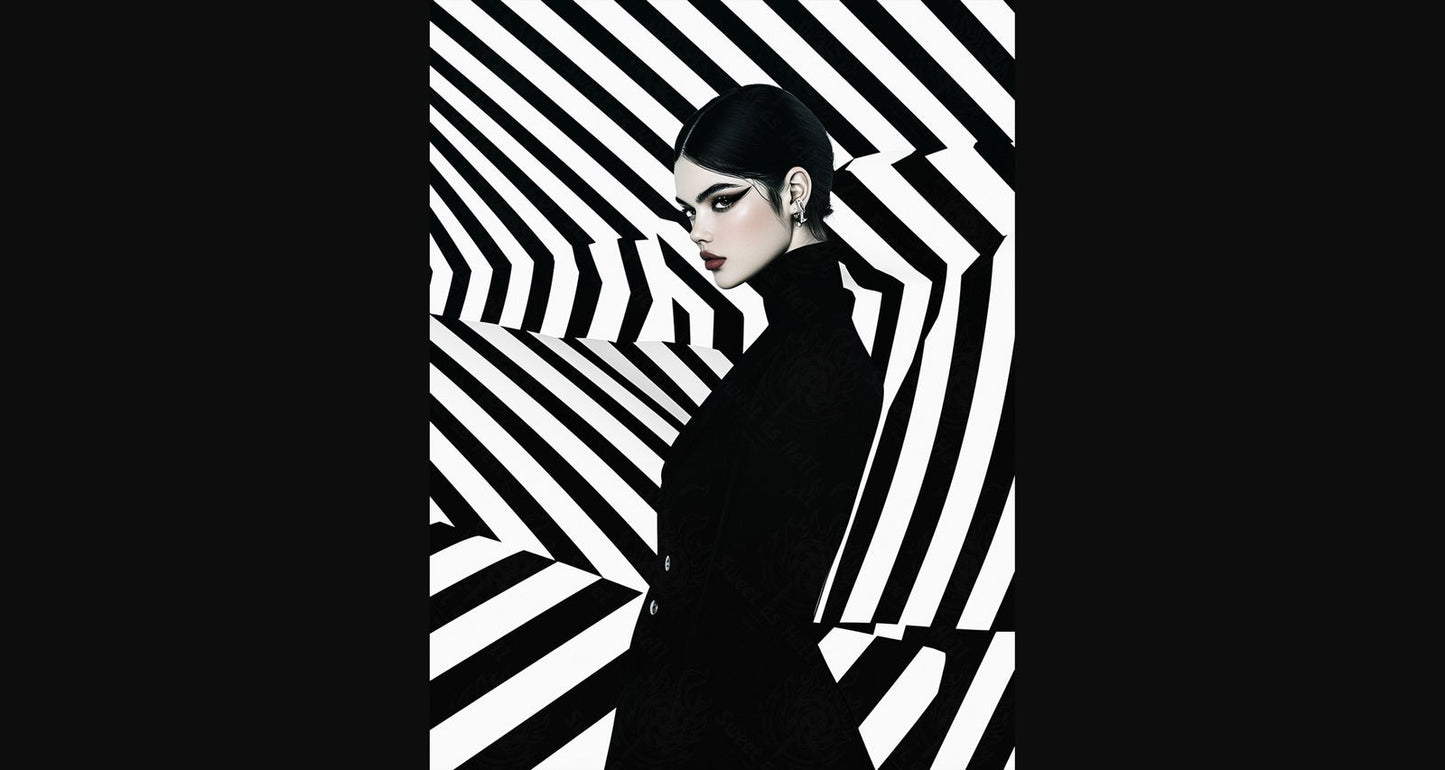 Black And White Fashion Photo of a Woman In The Center of a Optical Illusion That Creates Visual Depth and Movement 03 by 04 001 SN2437 - Sweet As Hell Designs