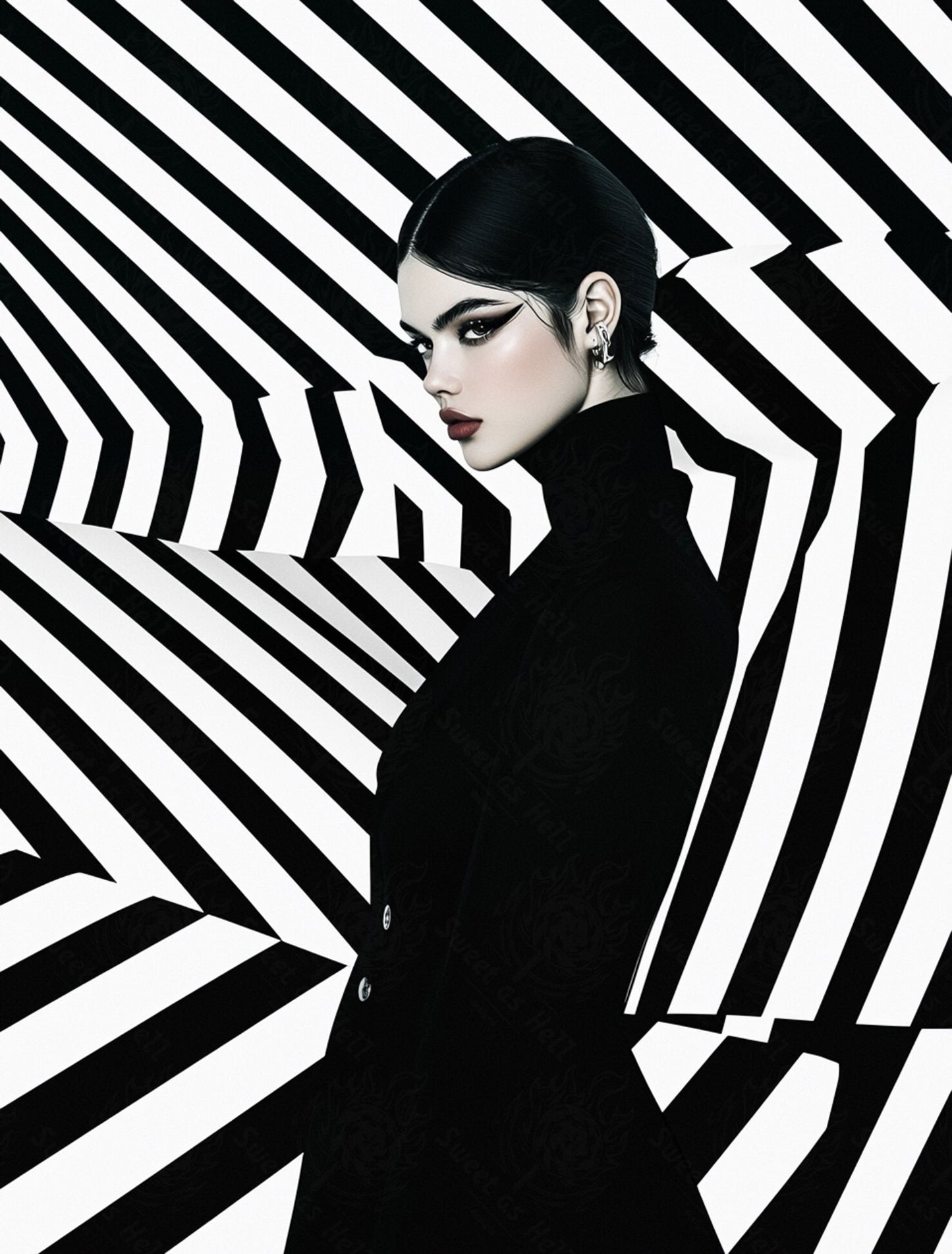 Black And White Fashion Photo of a Woman In The Center of a Optical Illusion That Creates Visual Depth and Movement 03 by 04 001 SN2437 - Sweet As Hell Designs