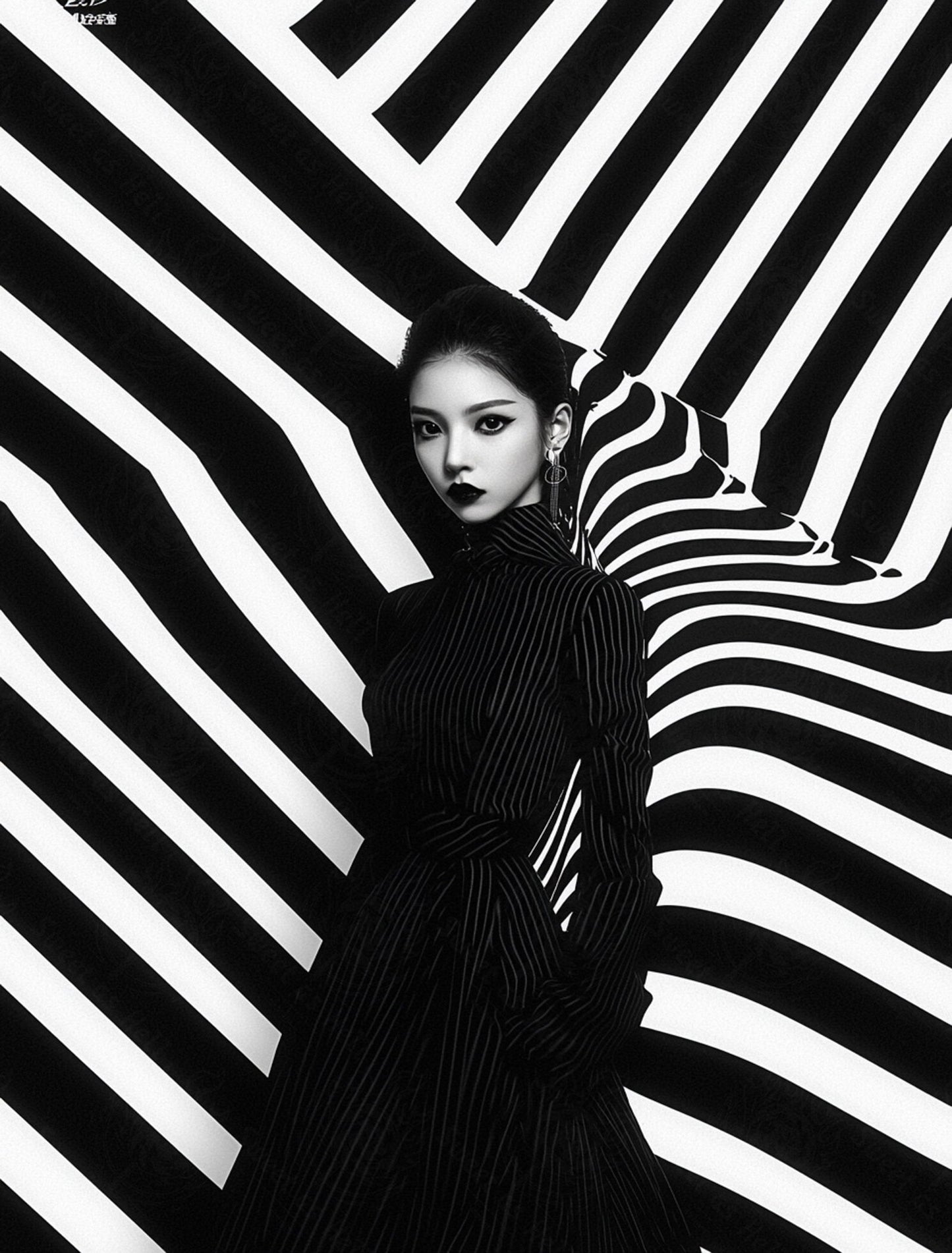 Black And White Fashion Photo of a Woman In The Center of a Optical Illusion That Creates Visual Depth and Movement 03 by 04 003 SN2439 - Sweet As Hell Designs