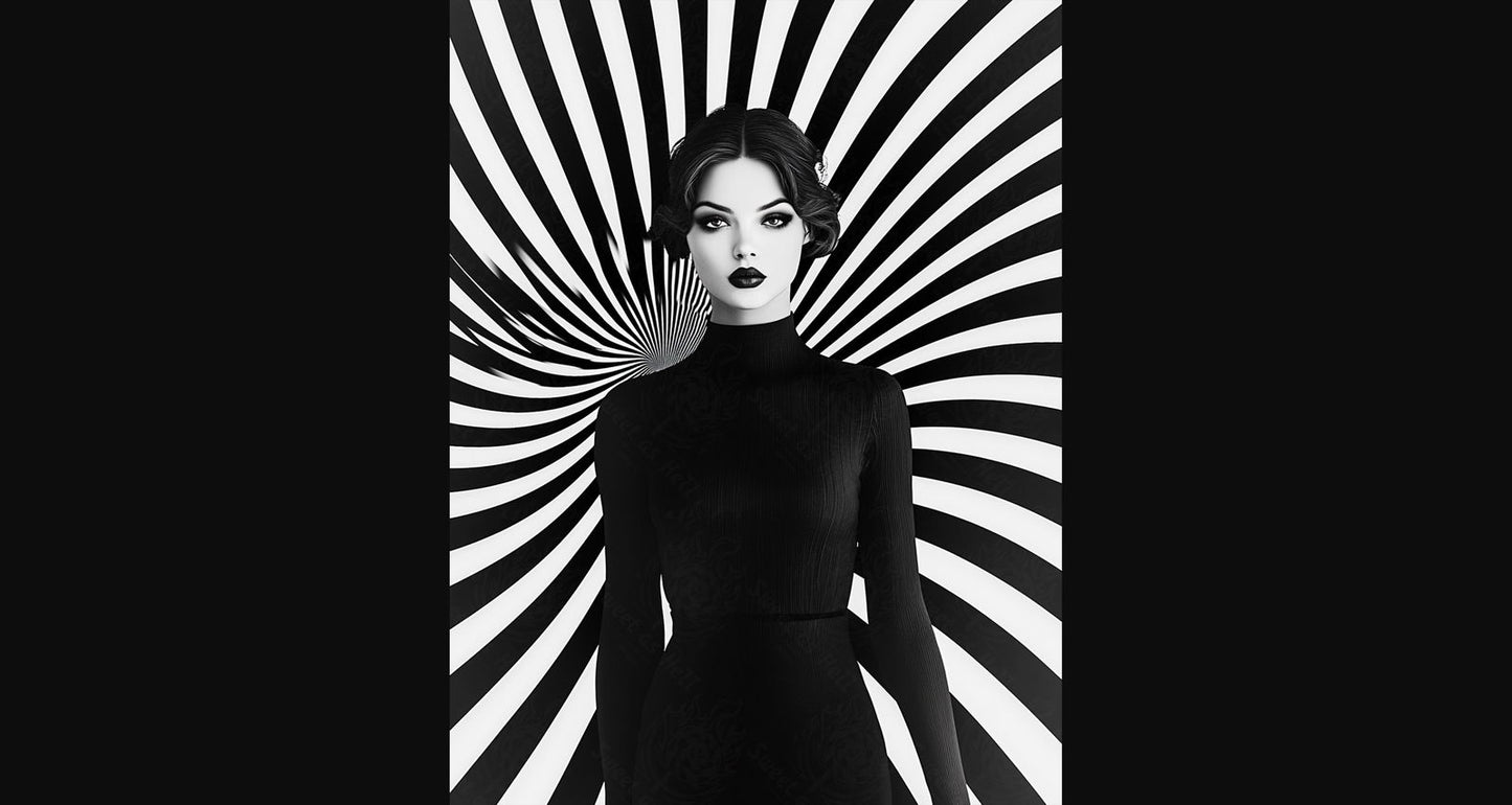 Black And White Fashion Photo of a Woman In The Center of a Optical Illusion That Creates Visual Depth and Movement 03 by 04 005 SN2441 - Sweet As Hell Designs