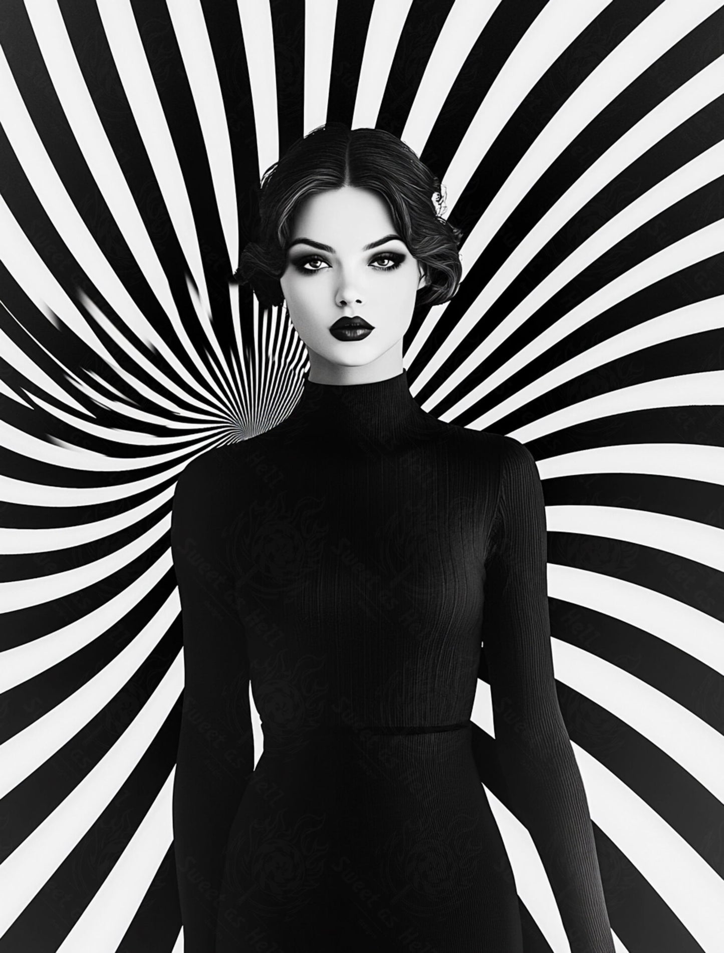 Black And White Fashion Photo of a Woman In The Center of a Optical Illusion That Creates Visual Depth and Movement 03 by 04 005 SN2441 - Sweet As Hell Designs