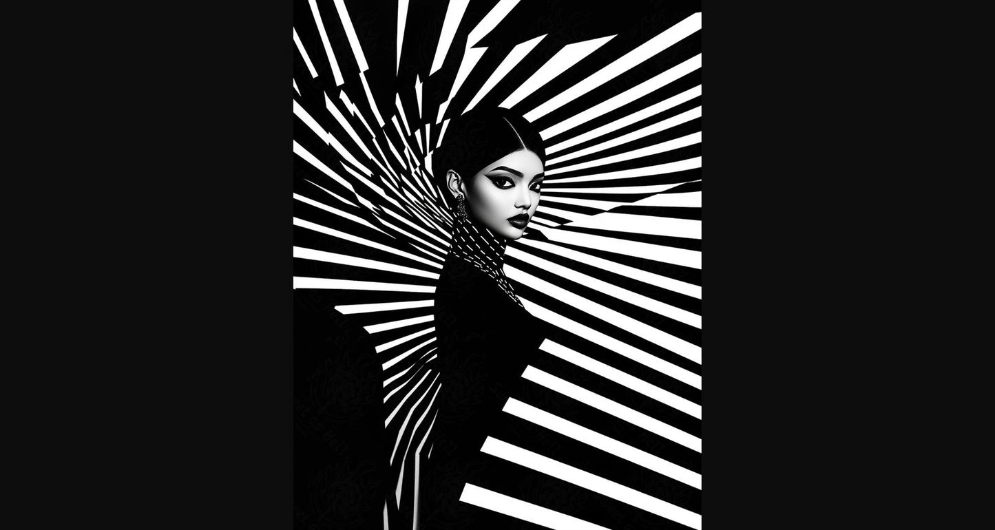 Black And White Fashion Photo of a Woman In The Center of a Optical Illusion That Creates Visual Depth and Movement 03 by 04 007 SN2443 - Sweet As Hell Designs