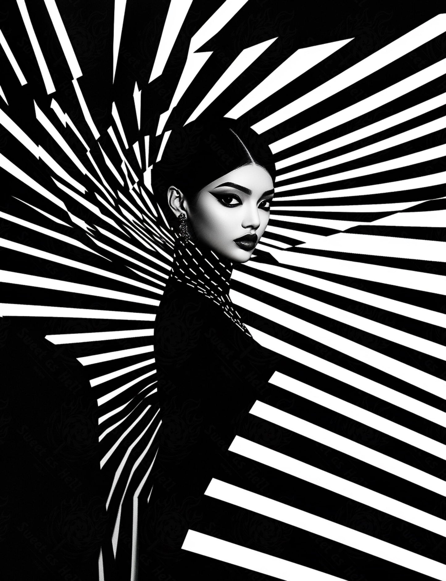Black And White Fashion Photo of a Woman In The Center of a Optical Illusion That Creates Visual Depth and Movement 03 by 04 007 SN2443 - Sweet As Hell Designs