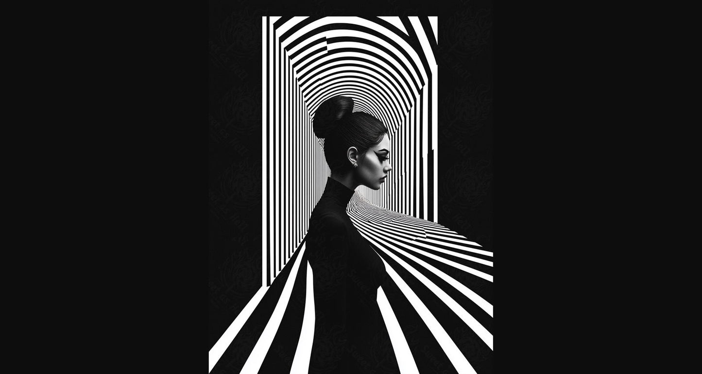 Black And White Fashion Photo of a Woman In The Center of a Optical Illusion That Creates Visual Depth and Movement 03 by 04 008 SN2444 - Sweet As Hell Designs