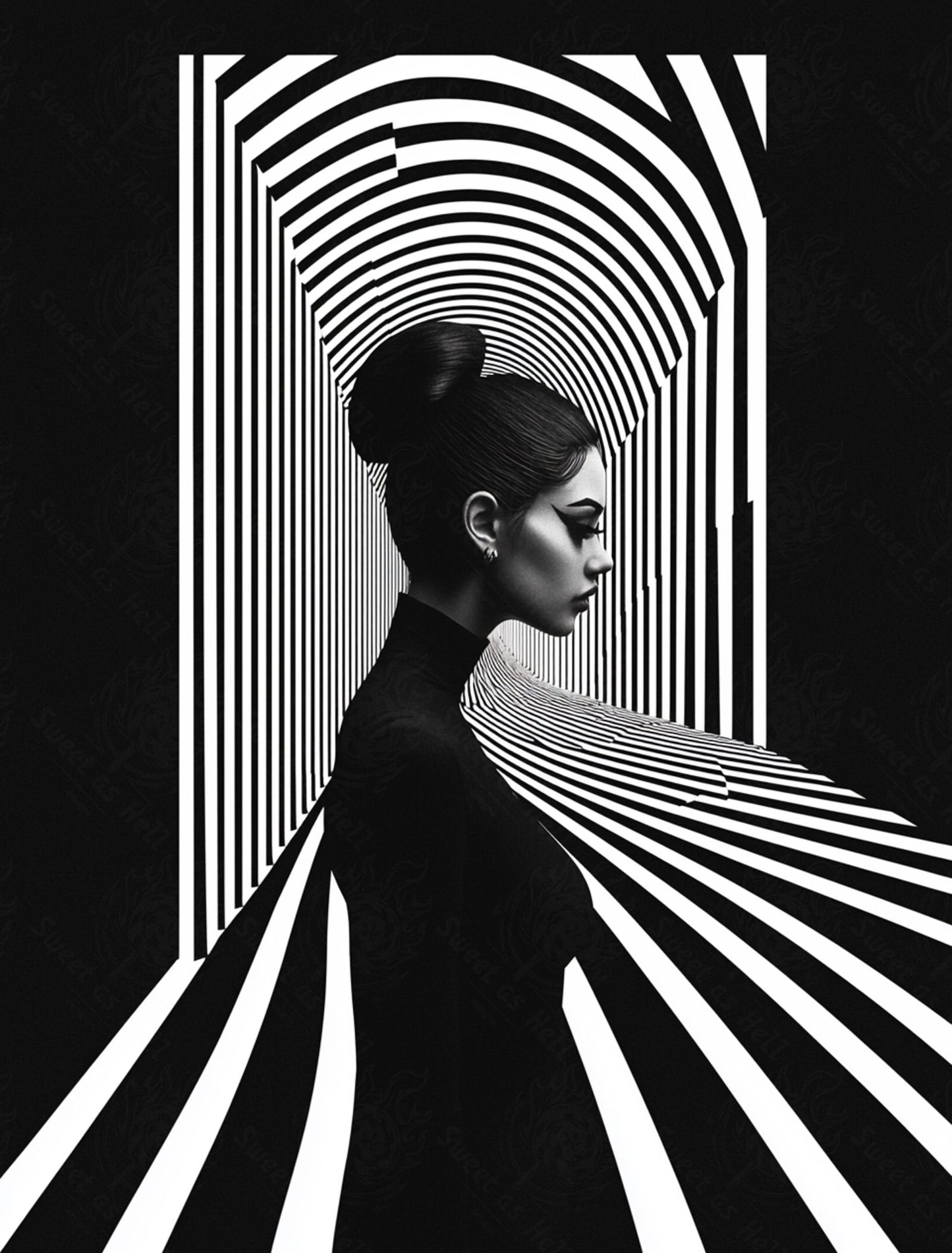 Black And White Fashion Photo of a Woman In The Center of a Optical Illusion That Creates Visual Depth and Movement 03 by 04 008 SN2444 - Sweet As Hell Designs
