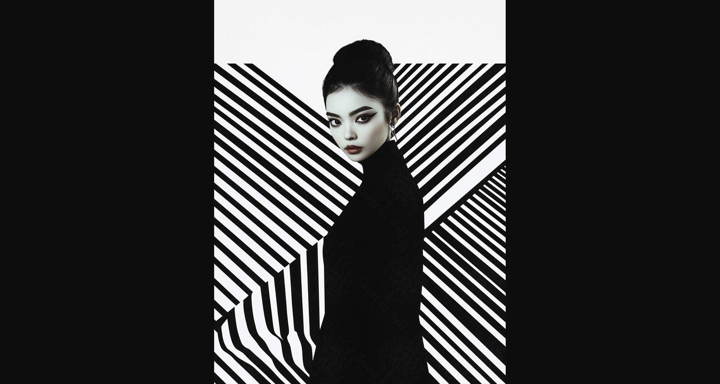 Black And White Fashion Photo of a Woman In The Center of a Optical Illusion That Creates Visual Depth and Movement 03 by 04 010 SN2446 - Sweet As Hell Designs