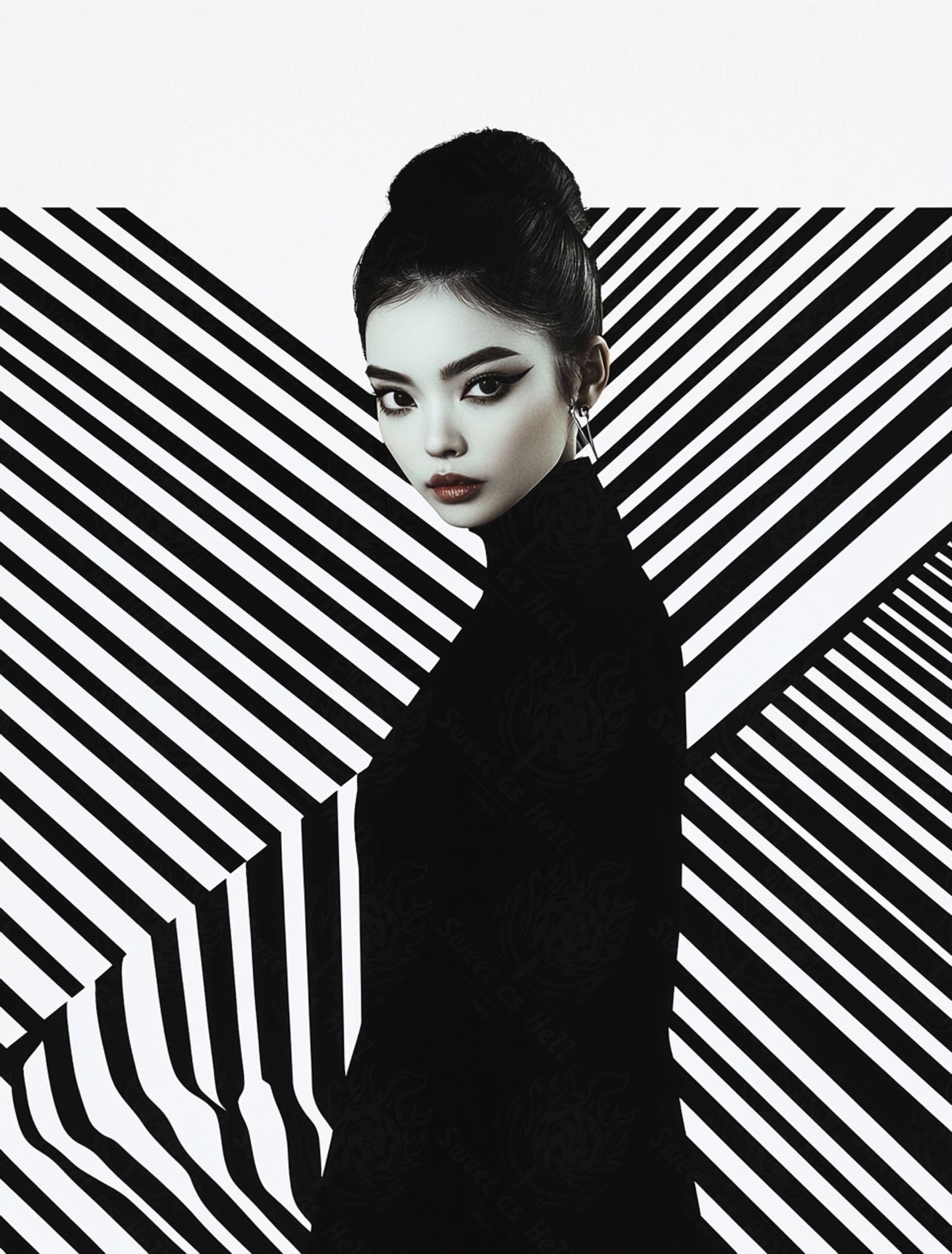 Black And White Fashion Photo of a Woman In The Center of a Optical Illusion That Creates Visual Depth and Movement 03 by 04 010 SN2446 - Sweet As Hell Designs