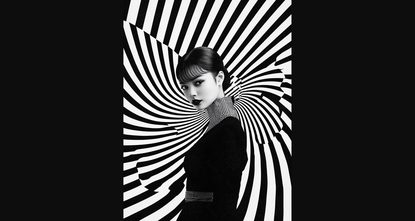 Black And White Fashion Photo of a Woman In The Center of a Optical Illusion That Creates Visual Depth and Movement 03 by 04 011 SN2447 - Sweet As Hell Designs