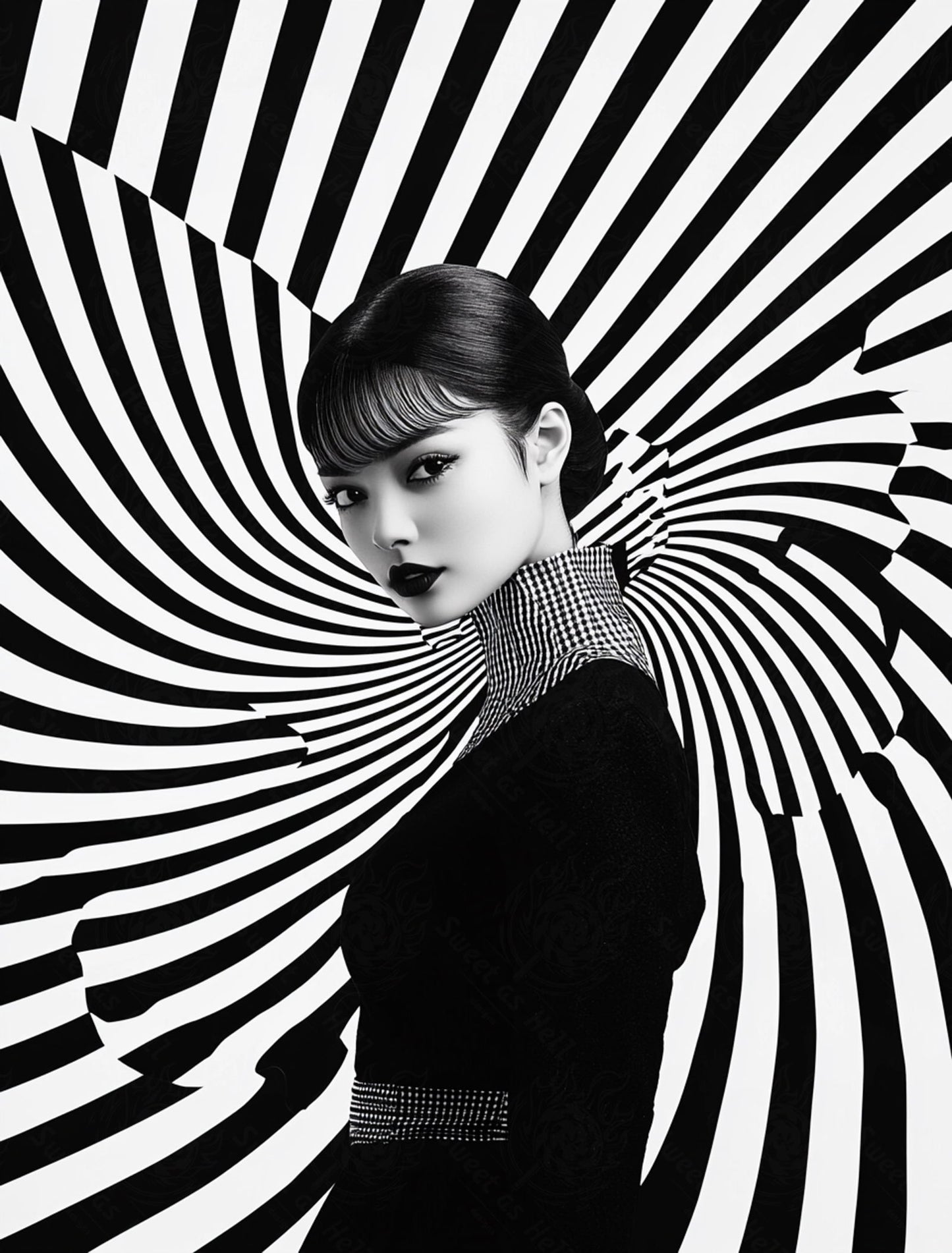 Black And White Fashion Photo of a Woman In The Center of a Optical Illusion That Creates Visual Depth and Movement 03 by 04 011 SN2447 - Sweet As Hell Designs