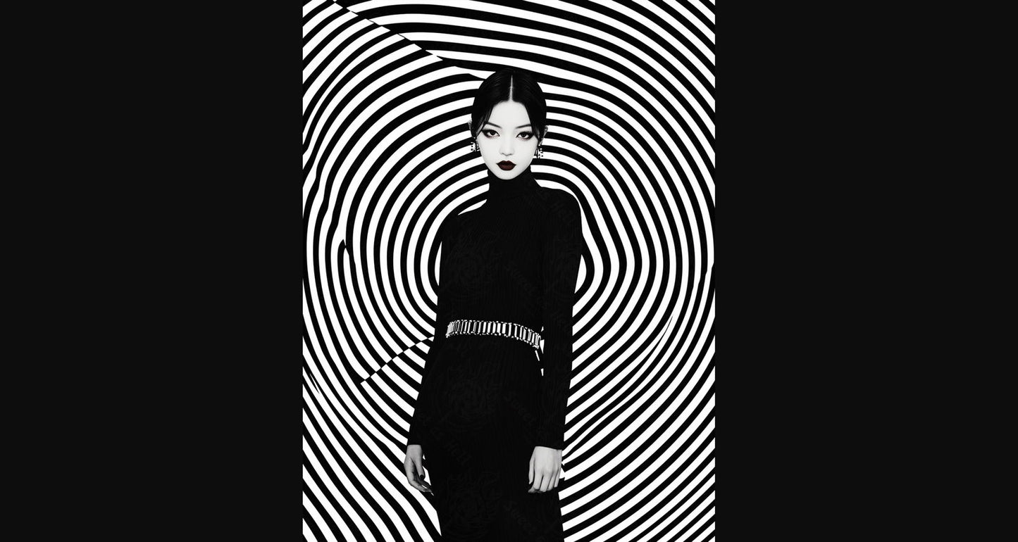 Black And White Fashion Photo of a Woman In The Center of a Optical Illusion That Creates Visual Depth and Movement 03 by 04 012 SN2448 - Sweet As Hell Designs