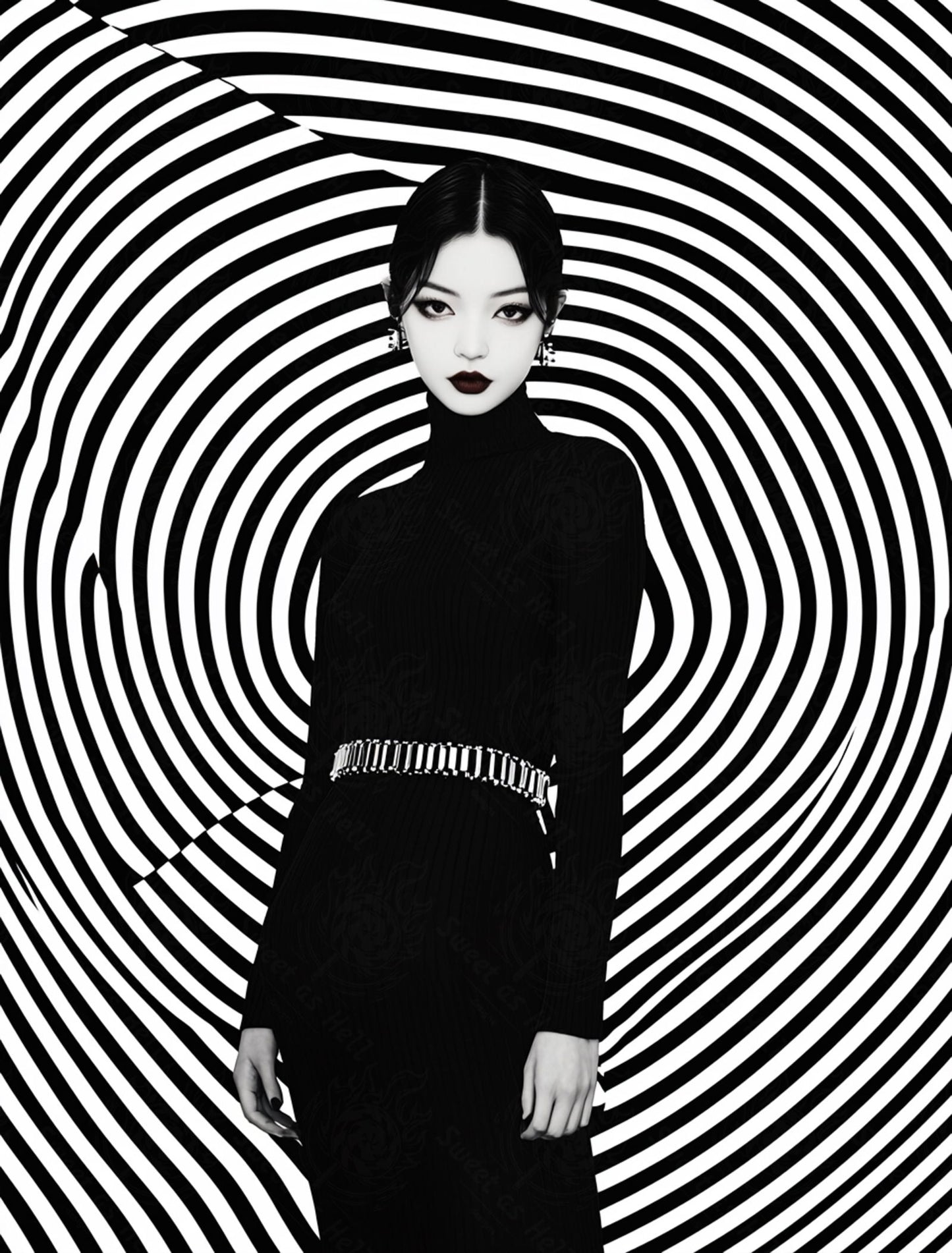 Black And White Fashion Photo of a Woman In The Center of a Optical Illusion That Creates Visual Depth and Movement 03 by 04 012 SN2448 - Sweet As Hell Designs