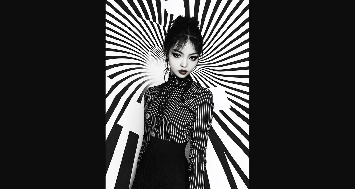 Black And White Fashion Photo of a Woman In The Center of a Optical Illusion That Creates Visual Depth and Movement 03 by 04 014 SN2450 - Sweet As Hell Designs
