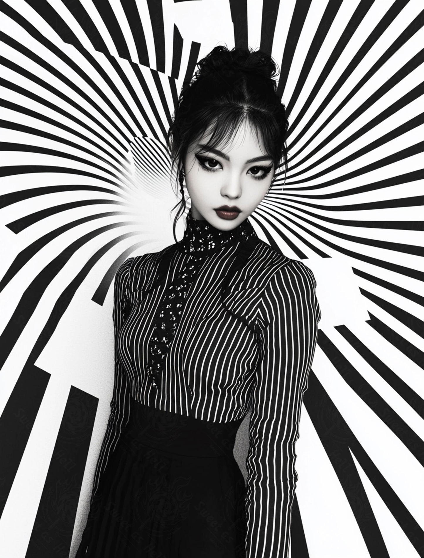 Black And White Fashion Photo of a Woman In The Center of a Optical Illusion That Creates Visual Depth and Movement 03 by 04 014 SN2450 - Sweet As Hell Designs