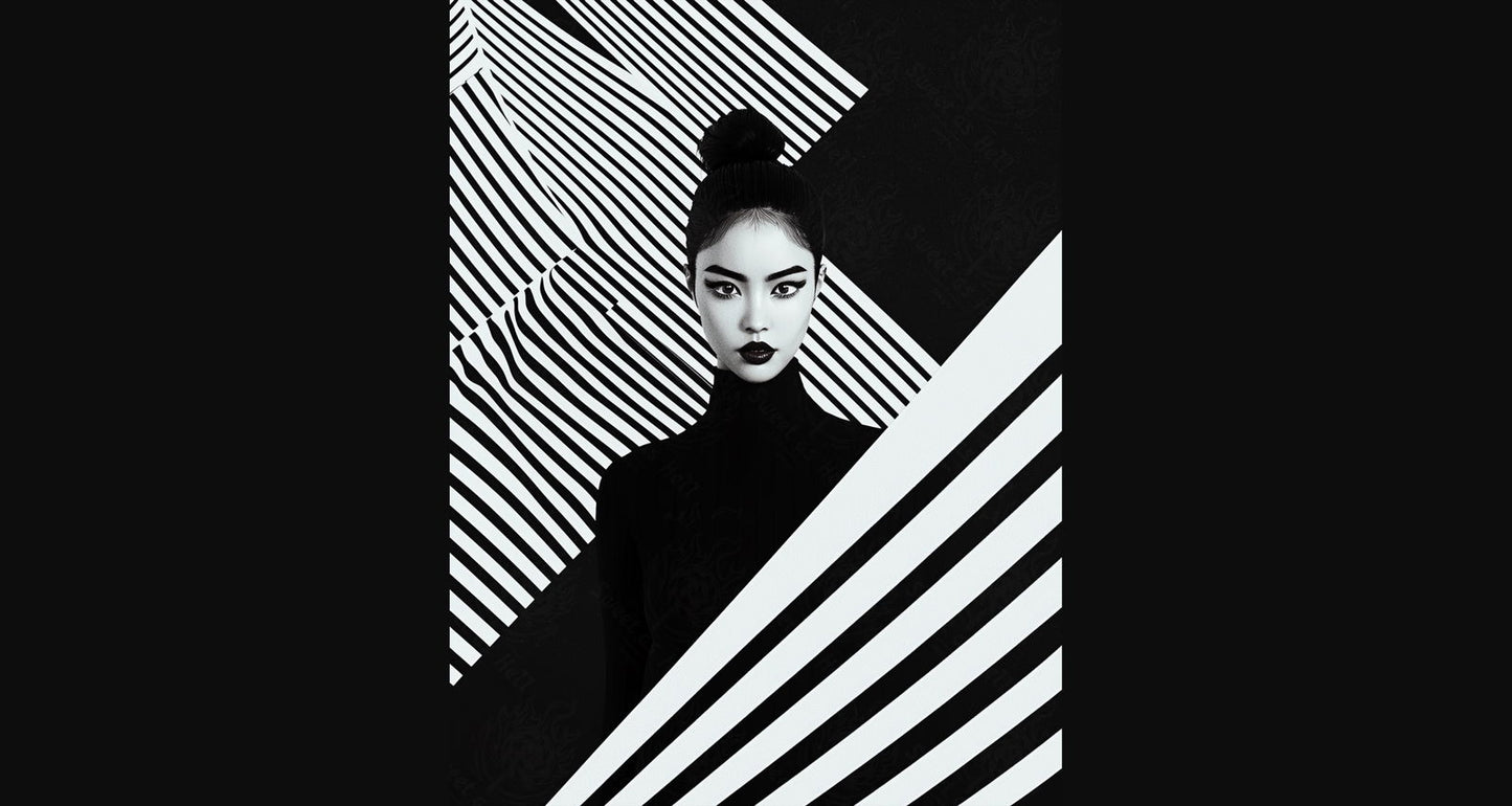 Black And White Fashion Photo of a Woman In The Center of a Optical Illusion That Creates Visual Depth and Movement 03 by 04 016 SN2452 - Sweet As Hell Designs