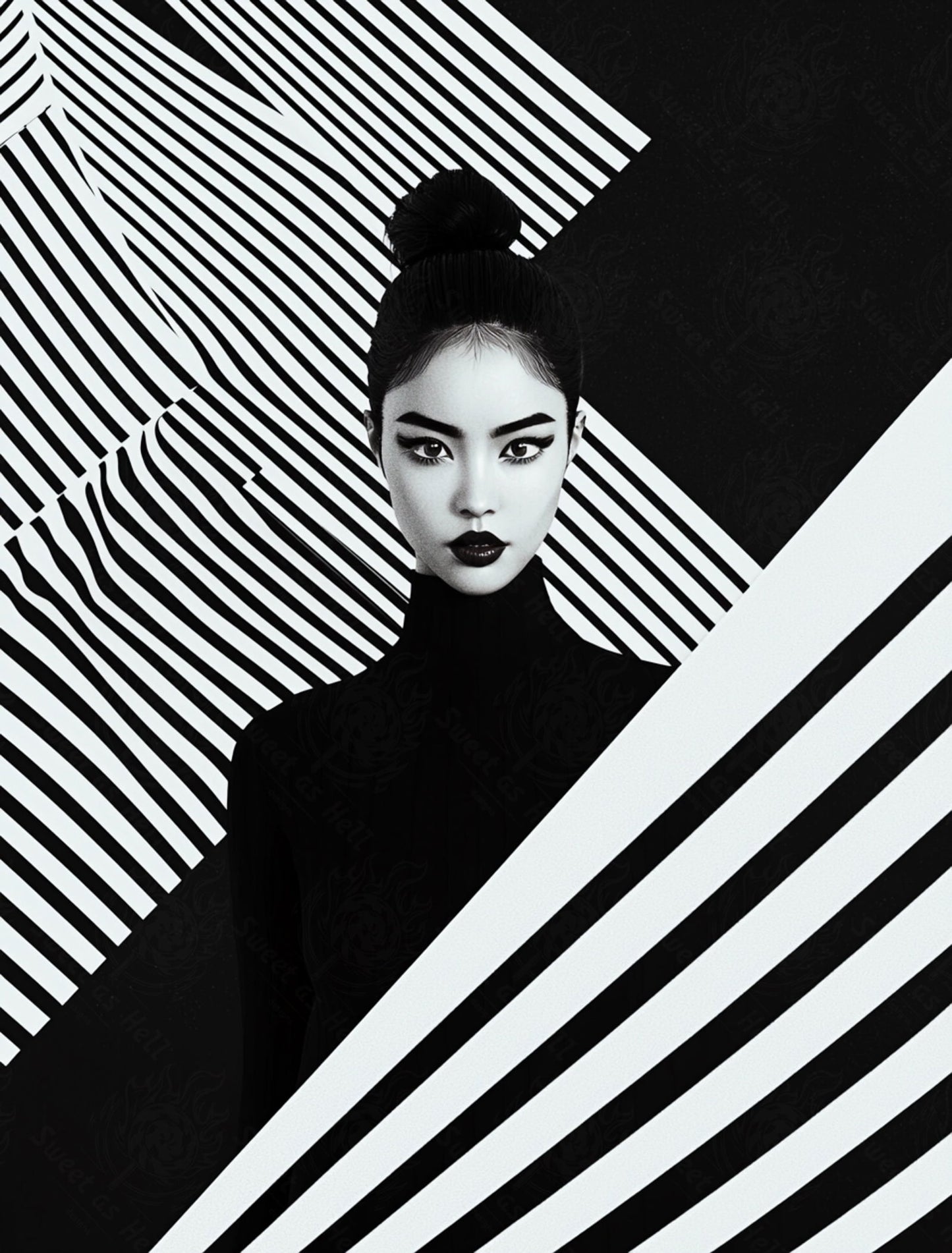 Black And White Fashion Photo of a Woman In The Center of a Optical Illusion That Creates Visual Depth and Movement 03 by 04 016 SN2452 - Sweet As Hell Designs