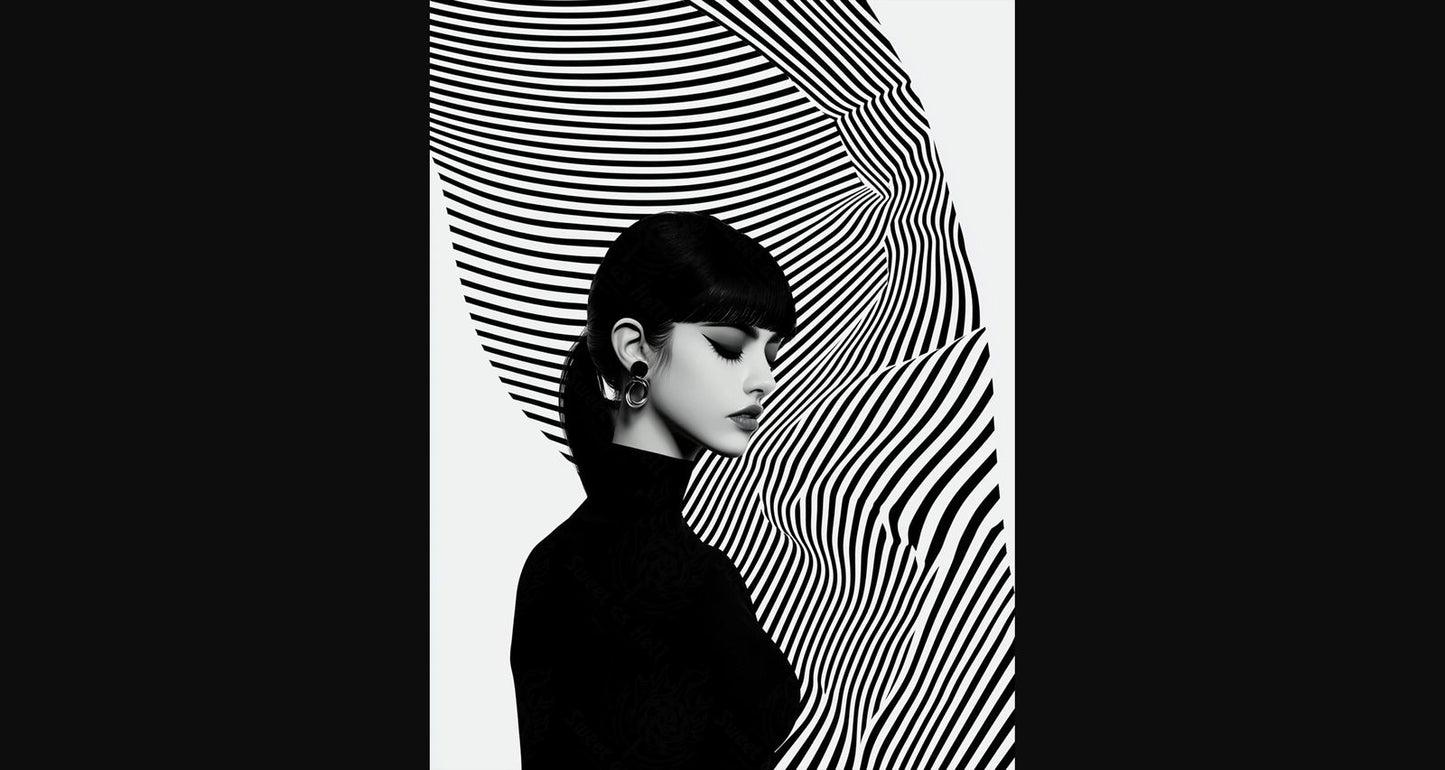 Black And White Fashion Photo of a Woman In The Center of a Optical Illusion That Creates Visual Depth and Movement 03 by 04 017 SN2453 - Sweet As Hell Designs