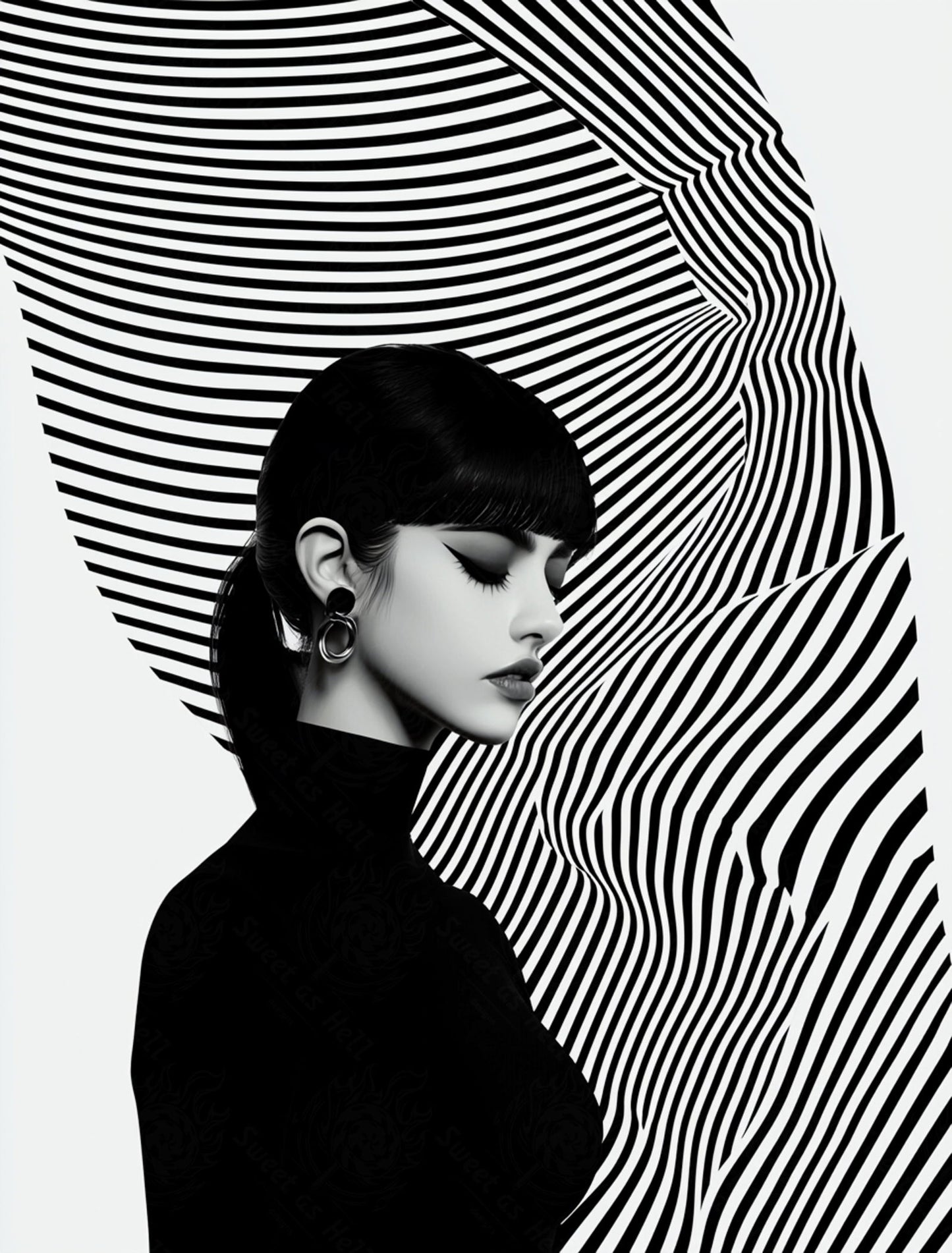 Black And White Fashion Photo of a Woman In The Center of a Optical Illusion That Creates Visual Depth and Movement 03 by 04 017 SN2453 - Sweet As Hell Designs