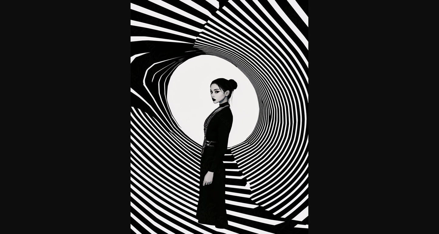 Black And White Fashion Photo of a Woman In The Center of a Optical Illusion That Creates Visual Depth and Movement 03 by 04 018 SN2454 - Sweet As Hell Designs