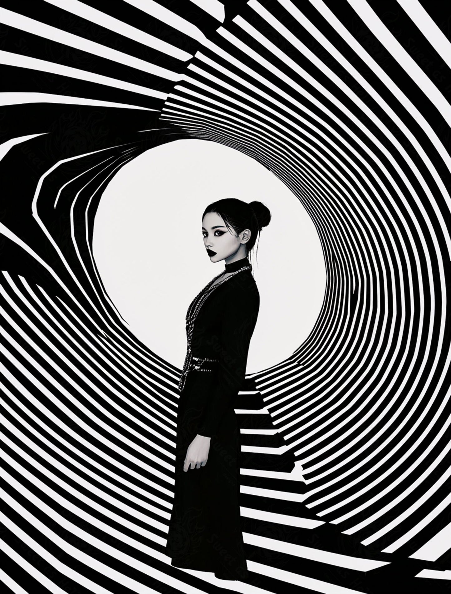 Black And White Fashion Photo of a Woman In The Center of a Optical Illusion That Creates Visual Depth and Movement 03 by 04 018 SN2454 - Sweet As Hell Designs