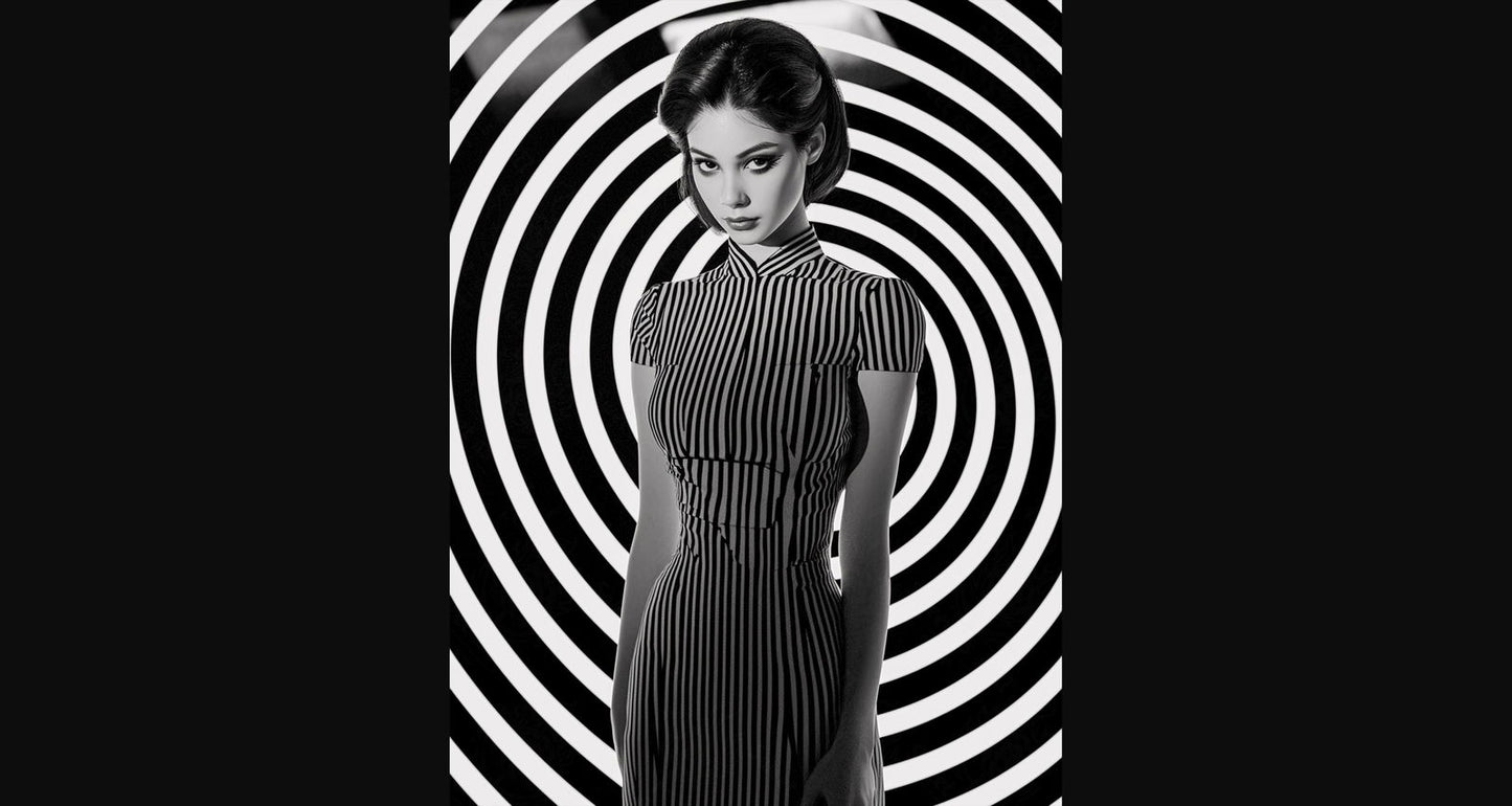 Black And White Fashion Photo of a Woman In The Center of a Optical Illusion That Creates Visual Depth and Movement 03 by 04 019 SN2455 - Sweet As Hell Designs