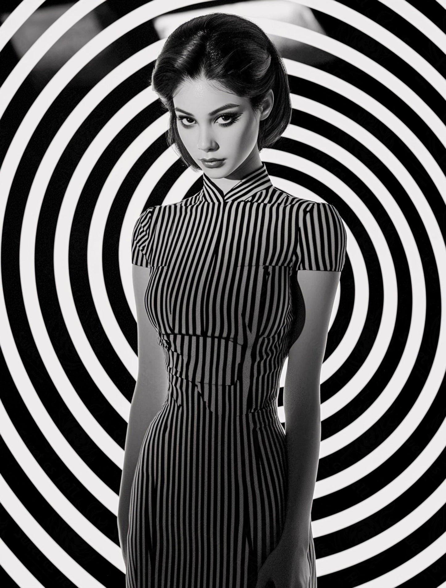 Black And White Fashion Photo of a Woman In The Center of a Optical Illusion That Creates Visual Depth and Movement 03 by 04 019 SN2455 - Sweet As Hell Designs