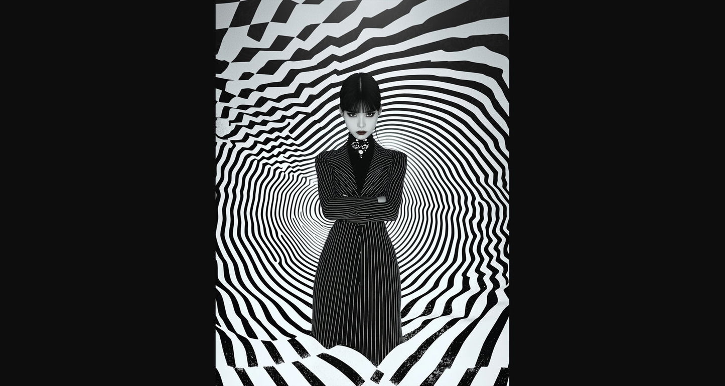 Black And White Fashion Photo of a Woman In The Center of a Optical Illusion That Creates Visual Depth and Movement 03 by 04 020 SN2456 - Sweet As Hell Designs