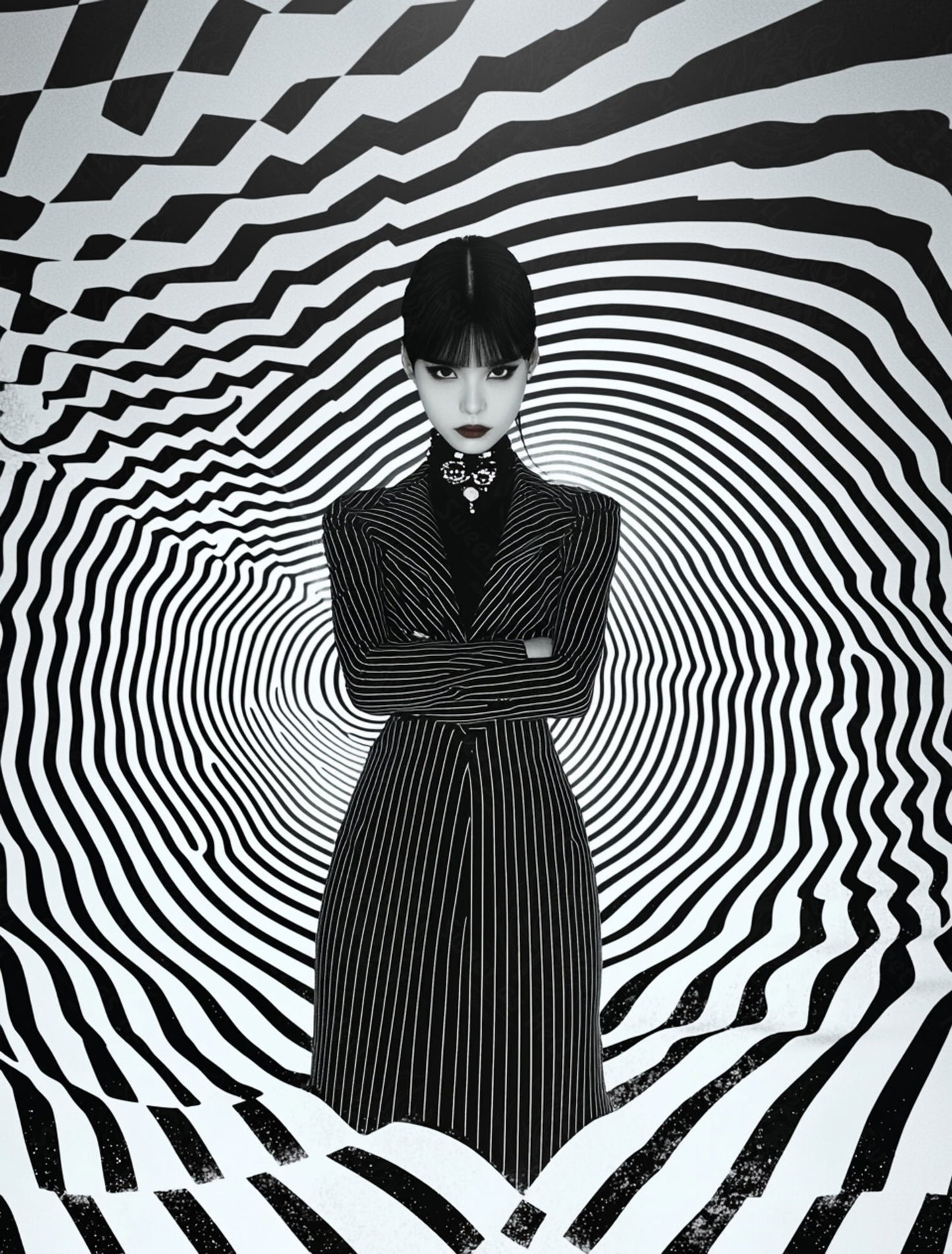 Black And White Fashion Photo of a Woman In The Center of a Optical Illusion That Creates Visual Depth and Movement 03 by 04 020 SN2456 - Sweet As Hell Designs