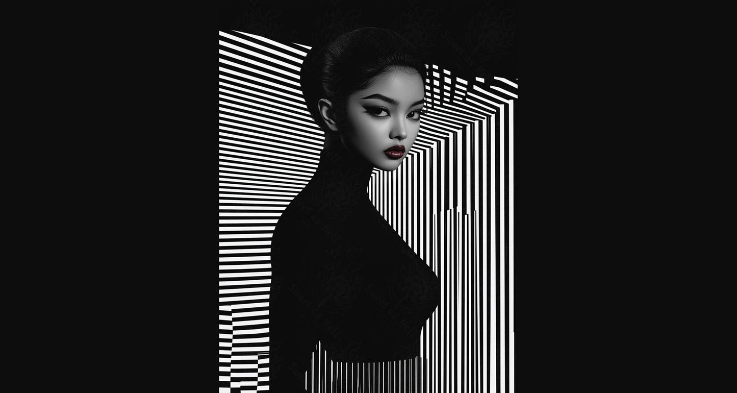 Black And White Fashion Photo of a Woman In The Center of a Optical Illusion That Creates Visual Depth and Movement 03 by 04 021 SN2457 - Sweet As Hell Designs