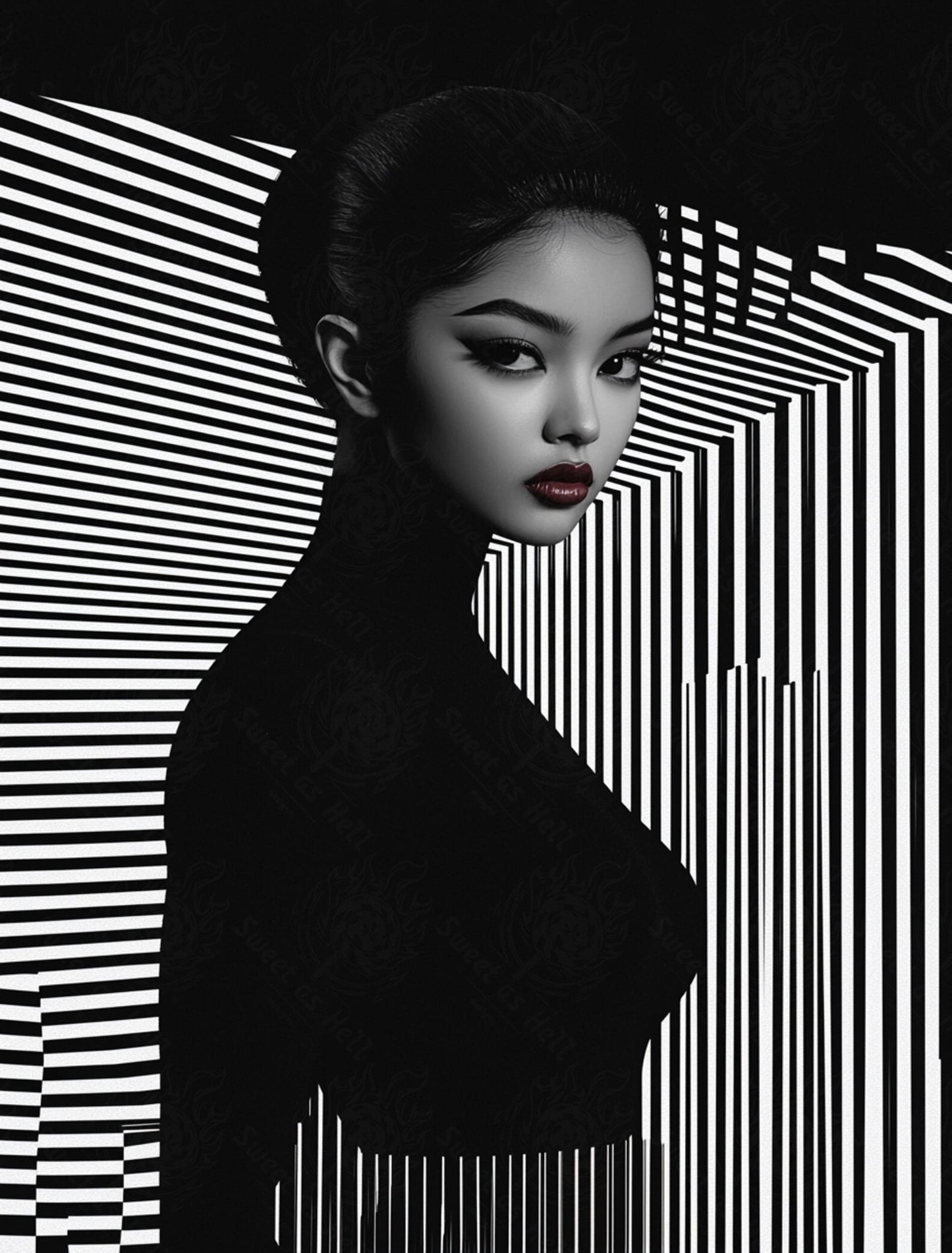 Black And White Fashion Photo of a Woman In The Center of a Optical Illusion That Creates Visual Depth and Movement 03 by 04 021 SN2457 - Sweet As Hell Designs