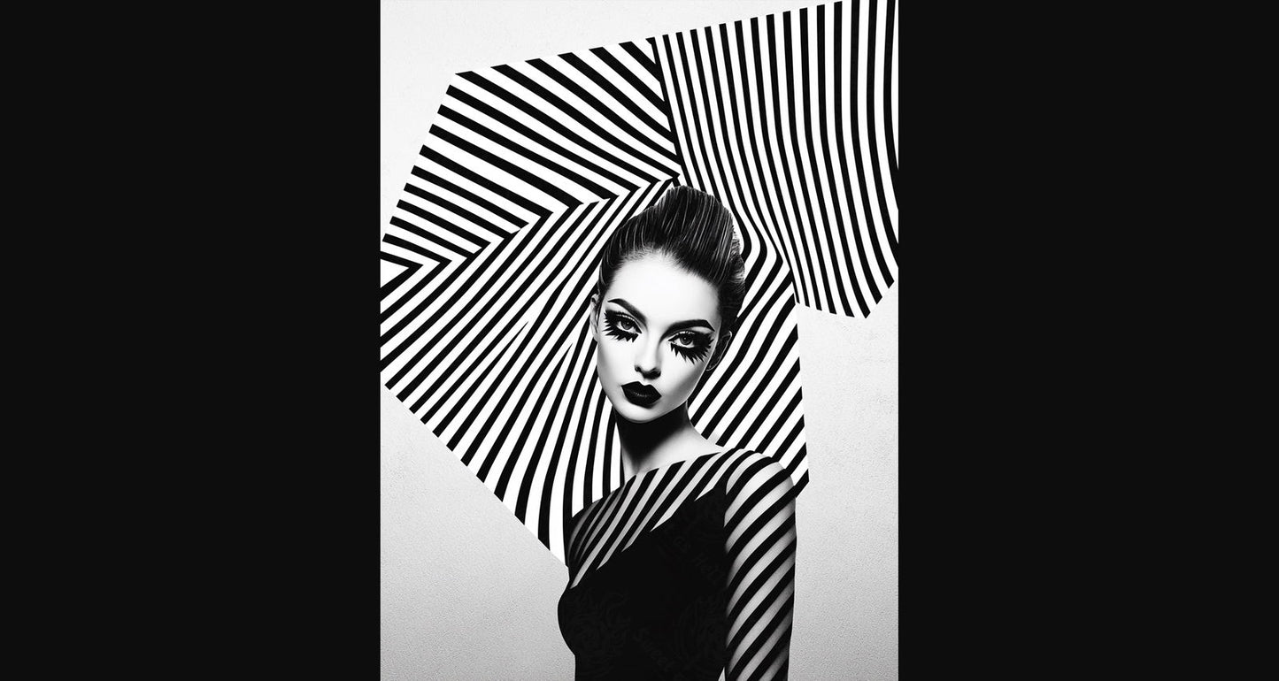 Black And White Fashion Photo of a Woman In The Center of a Optical Illusion That Creates Visual Depth and Movement 03 by 04 022 SN2458 - Sweet As Hell Designs