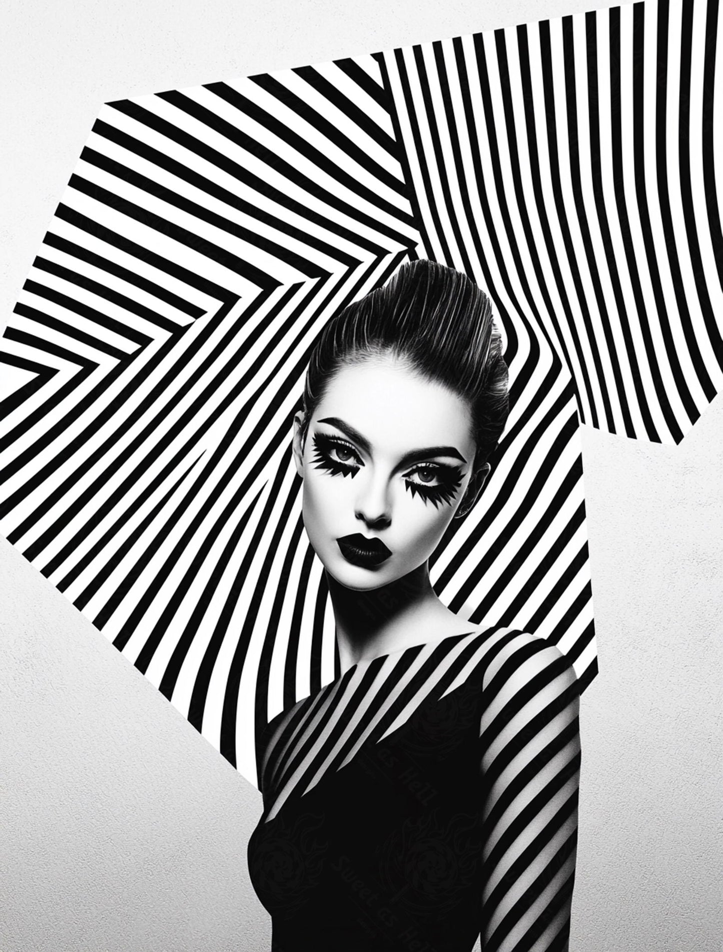 Black And White Fashion Photo of a Woman In The Center of a Optical Illusion That Creates Visual Depth and Movement 03 by 04 022 SN2458 - Sweet As Hell Designs