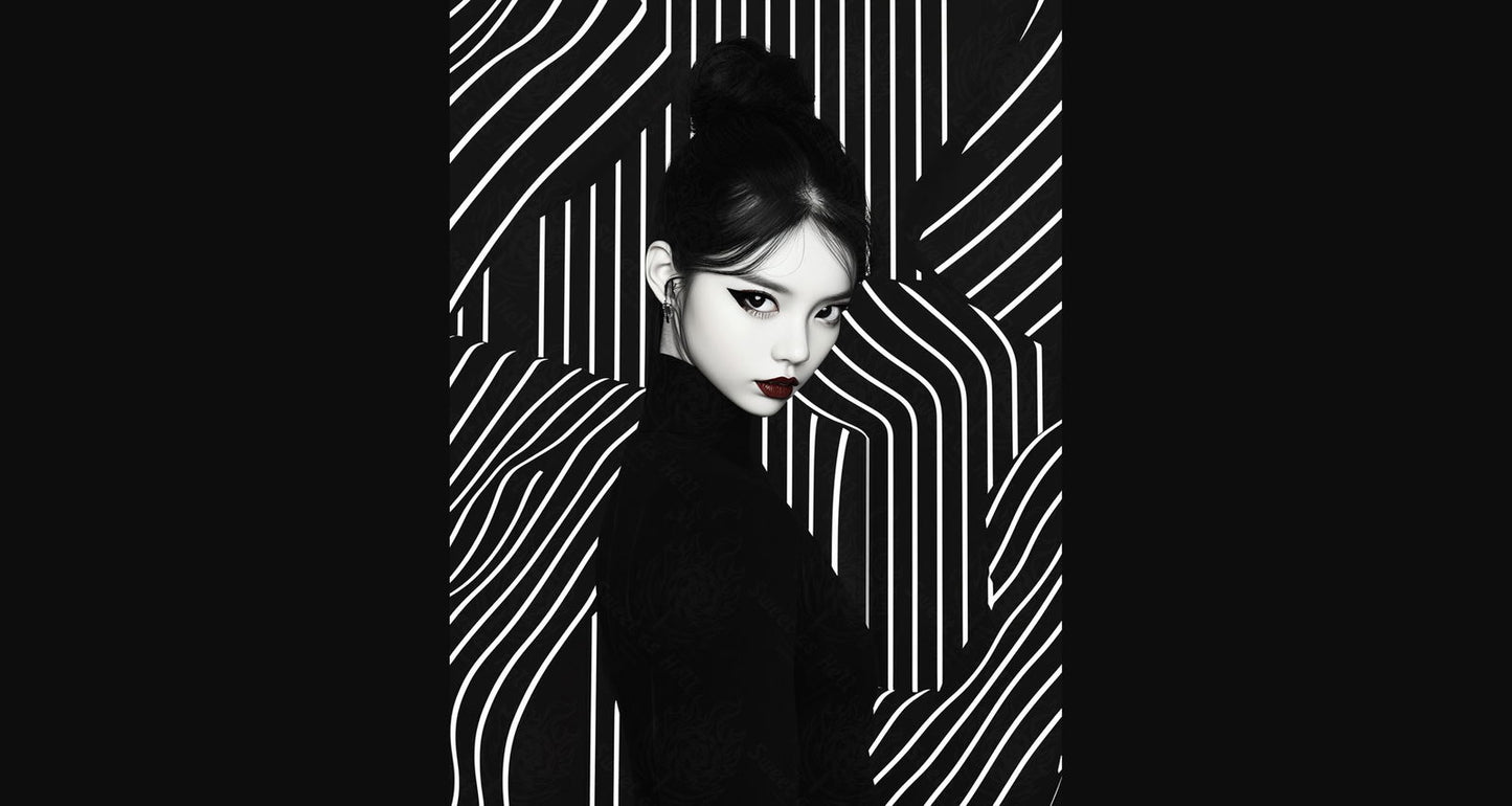 Black And White Fashion Photo of a Woman In The Center of a Optical Illusion That Creates Visual Depth and Movement 03 by 04 026 SN2462 - Sweet As Hell Designs