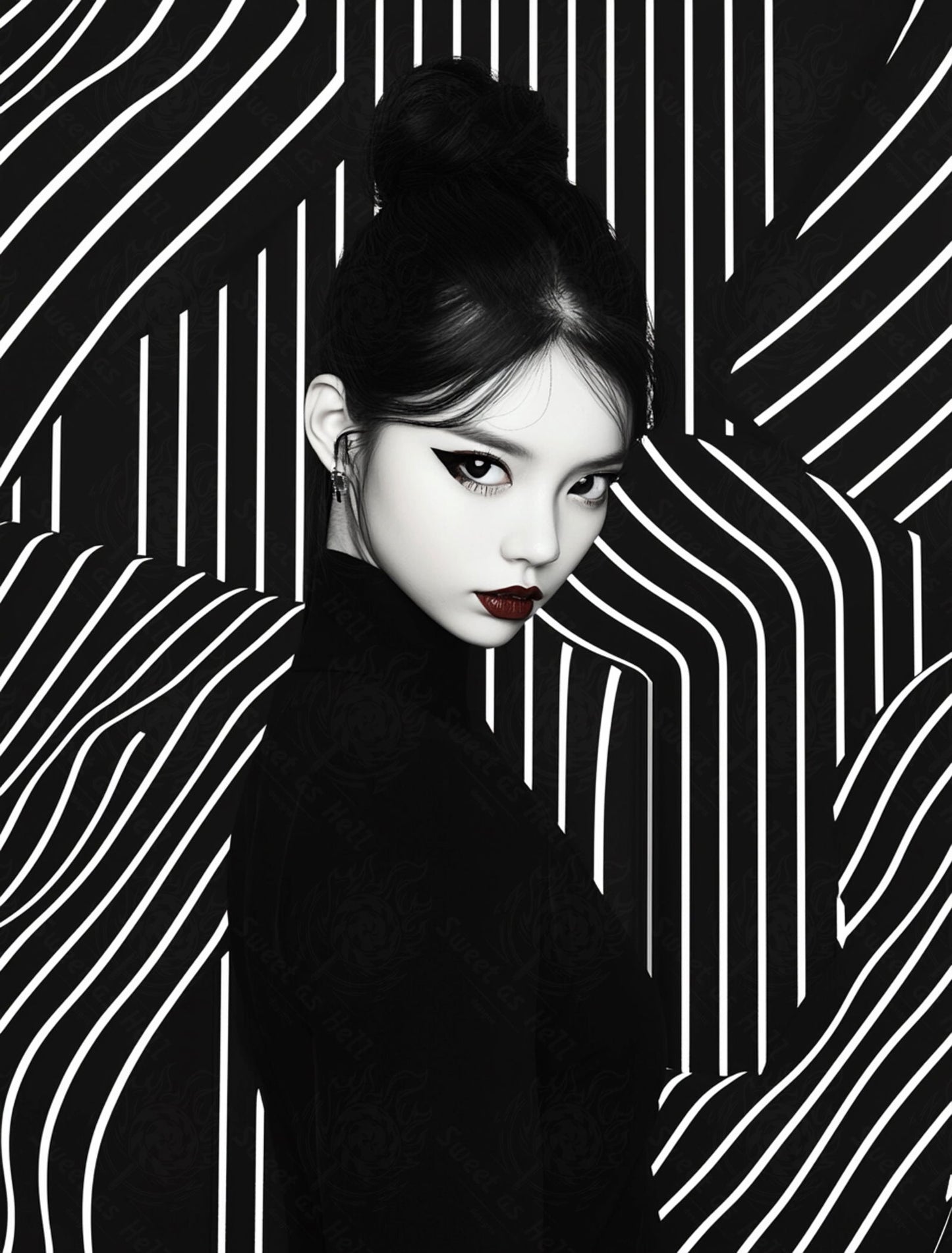 Black And White Fashion Photo of a Woman In The Center of a Optical Illusion That Creates Visual Depth and Movement 03 by 04 026 SN2462 - Sweet As Hell Designs