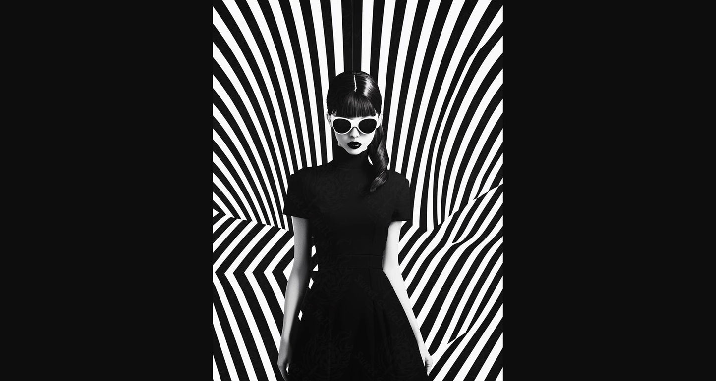Black And White Fashion Photo of a Woman In The Center of a Optical Illusion That Creates Visual Depth and Movement 03 by 04 027 SN2463 - Sweet As Hell Designs