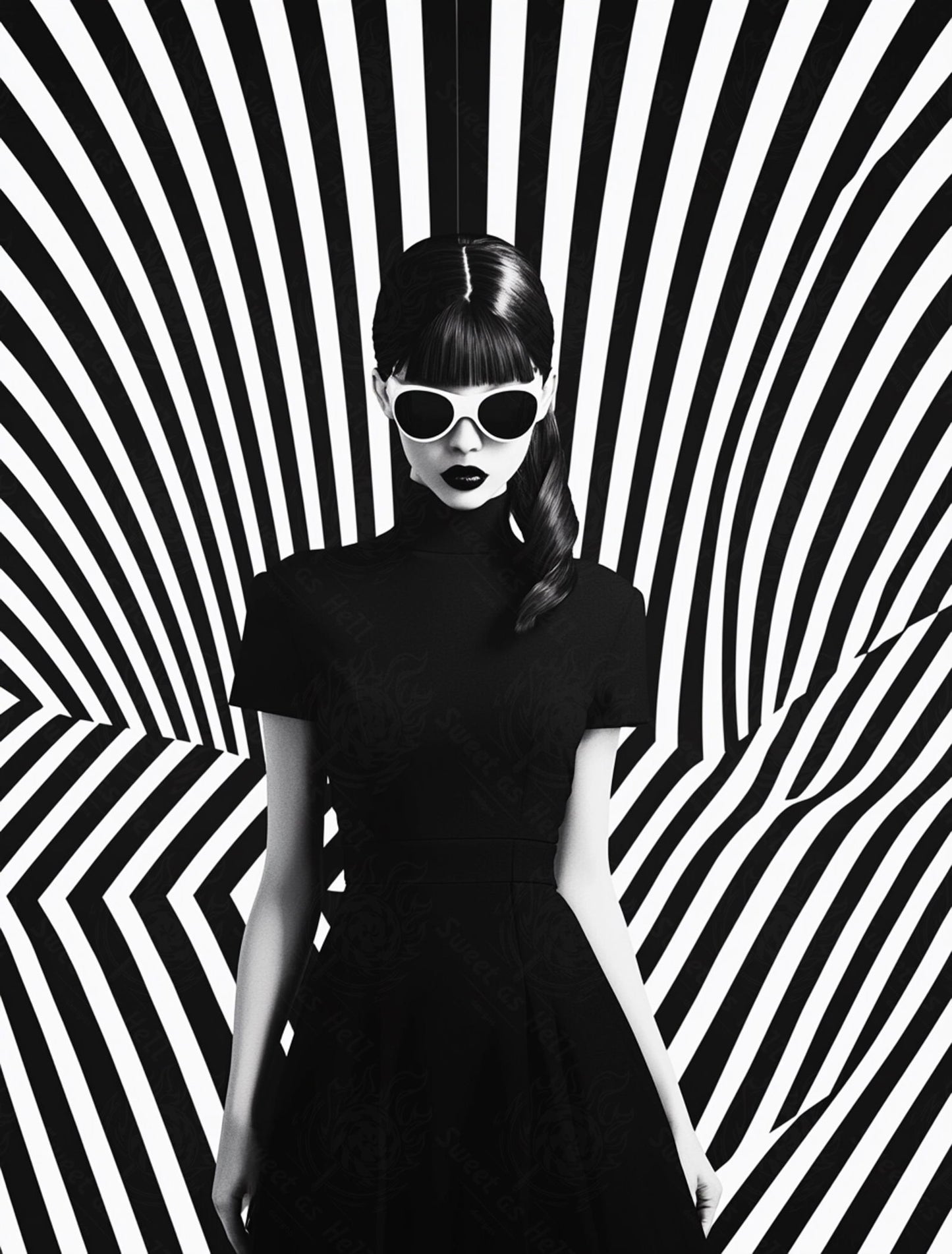 Black And White Fashion Photo of a Woman In The Center of a Optical Illusion That Creates Visual Depth and Movement 03 by 04 027 SN2463 - Sweet As Hell Designs