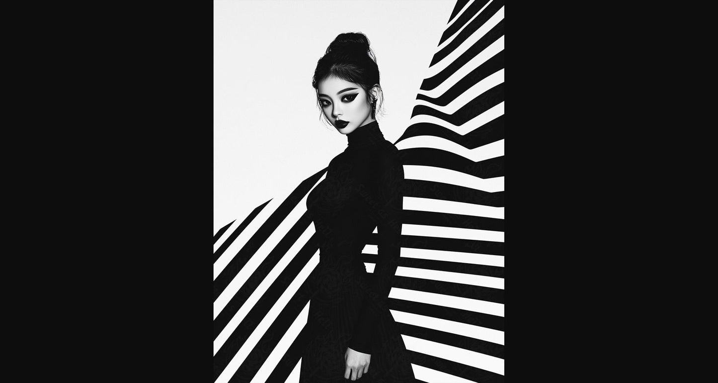 Black And White Fashion Photo of a Woman In The Center of a Optical Illusion That Creates Visual Depth and Movement 03 by 04 028 SN2464 - Sweet As Hell Designs