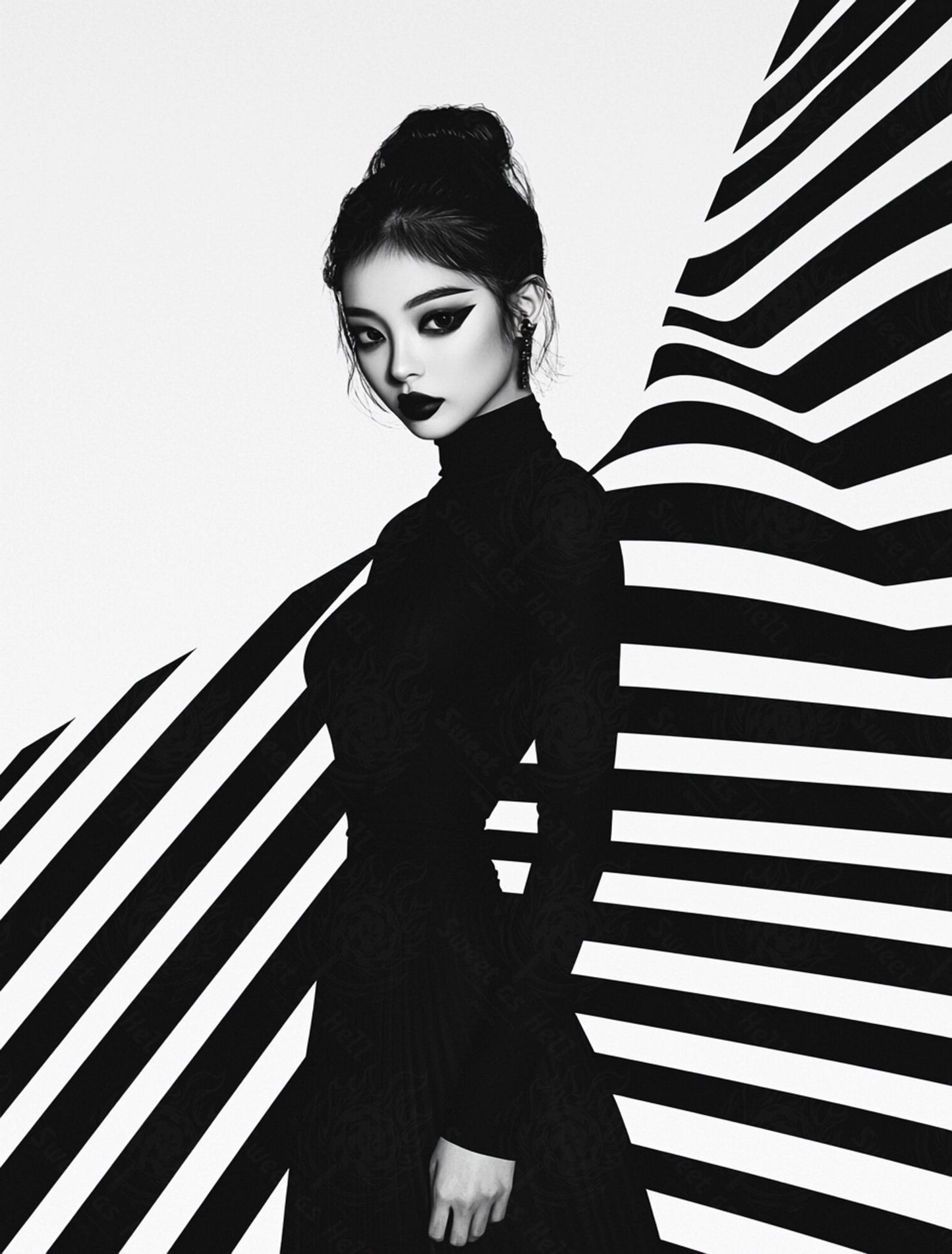 Black And White Fashion Photo of a Woman In The Center of a Optical Illusion That Creates Visual Depth and Movement 03 by 04 028 SN2464 - Sweet As Hell Designs