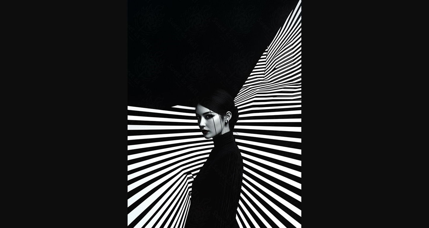 Black And White Fashion Photo of a Woman In The Center of a Optical Illusion That Creates Visual Depth and Movement 03 by 04 029 SN2465 - Sweet As Hell Designs