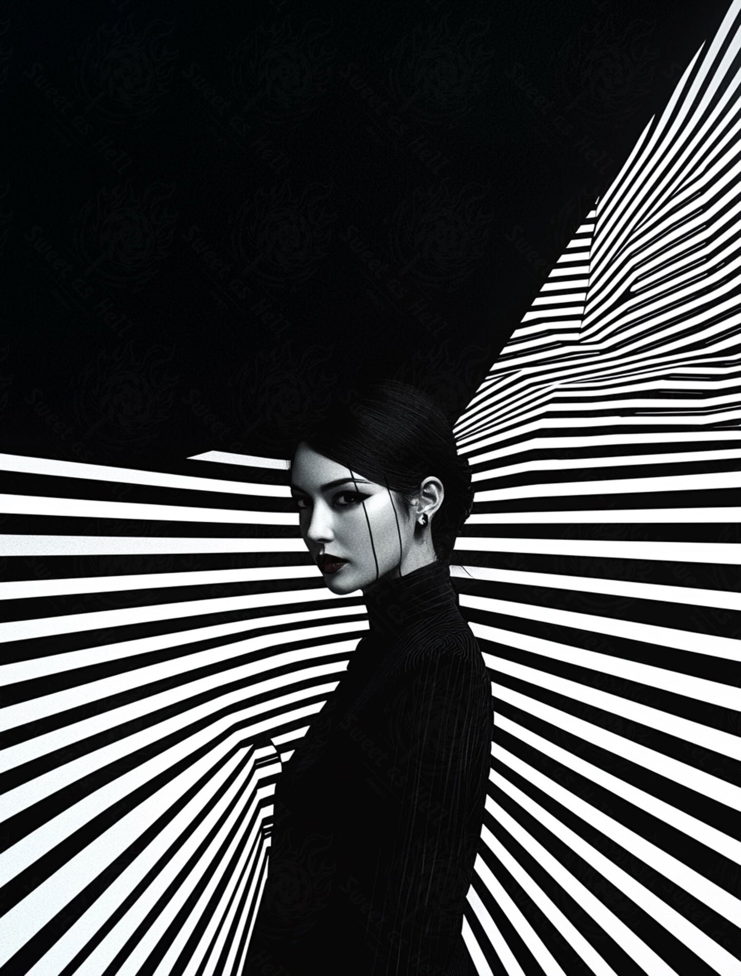 Black And White Fashion Photo of a Woman In The Center of a Optical Illusion That Creates Visual Depth and Movement 03 by 04 029 SN2465 - Sweet As Hell Designs