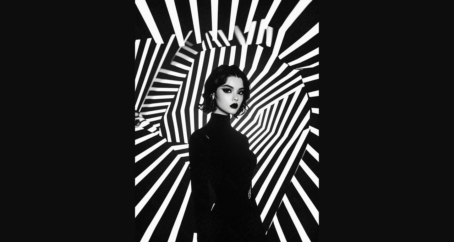 Black And White Fashion Photo of a Woman In The Center of a Optical Illusion That Creates Visual Depth and Movement 03 by 04 030 SN2466 - Sweet As Hell Designs