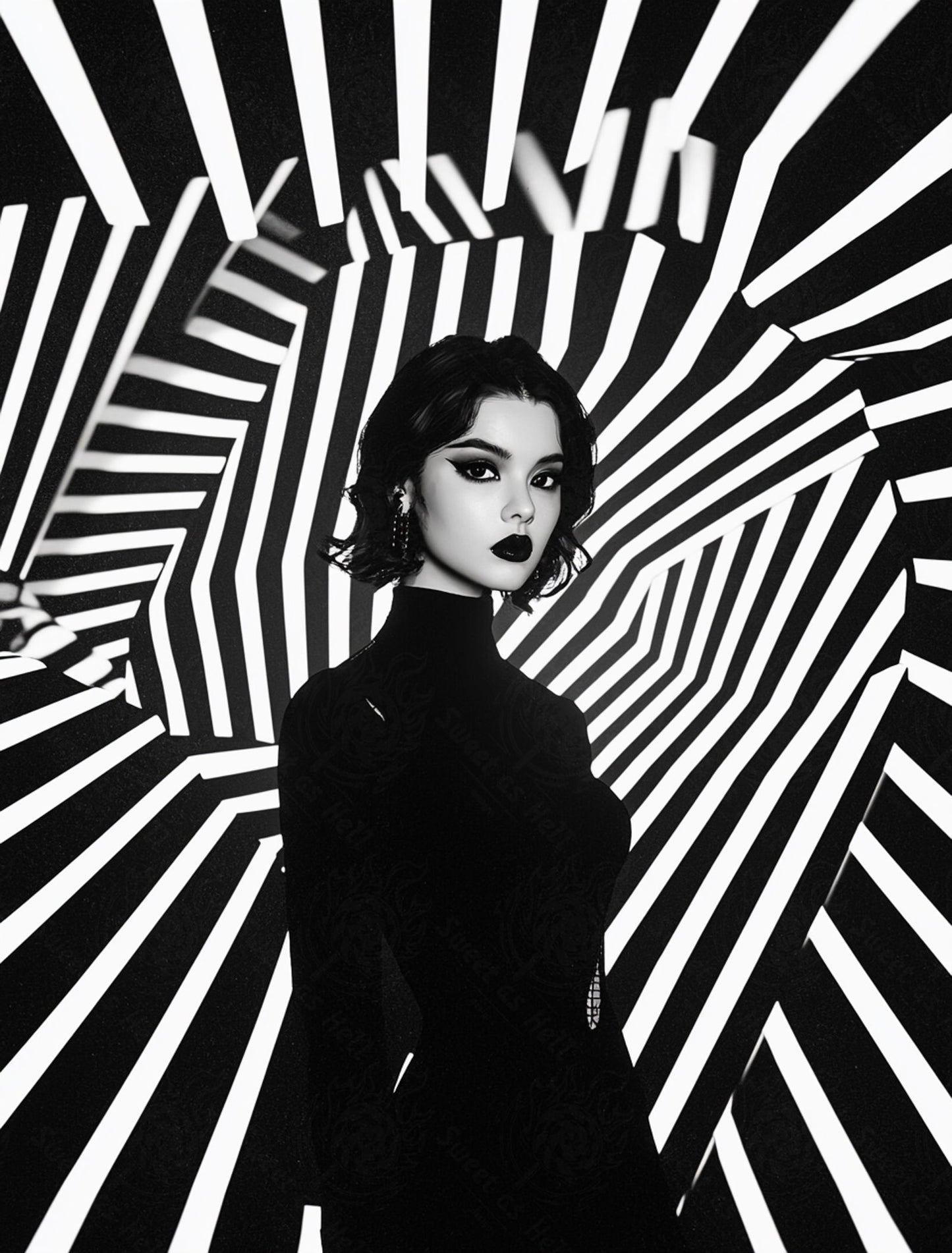 Black And White Fashion Photo of a Woman In The Center of a Optical Illusion That Creates Visual Depth and Movement 03 by 04 030 SN2466 - Sweet As Hell Designs