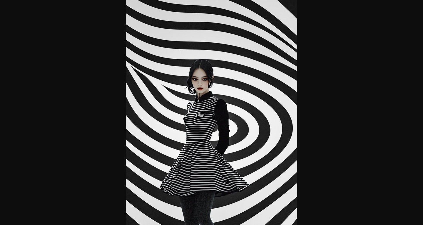 Black And White Fashion Photo of a Woman In The Center of a Optical Illusion That Creates Visual Depth and Movement 03 by 04 032 SN2468 - Sweet As Hell Designs