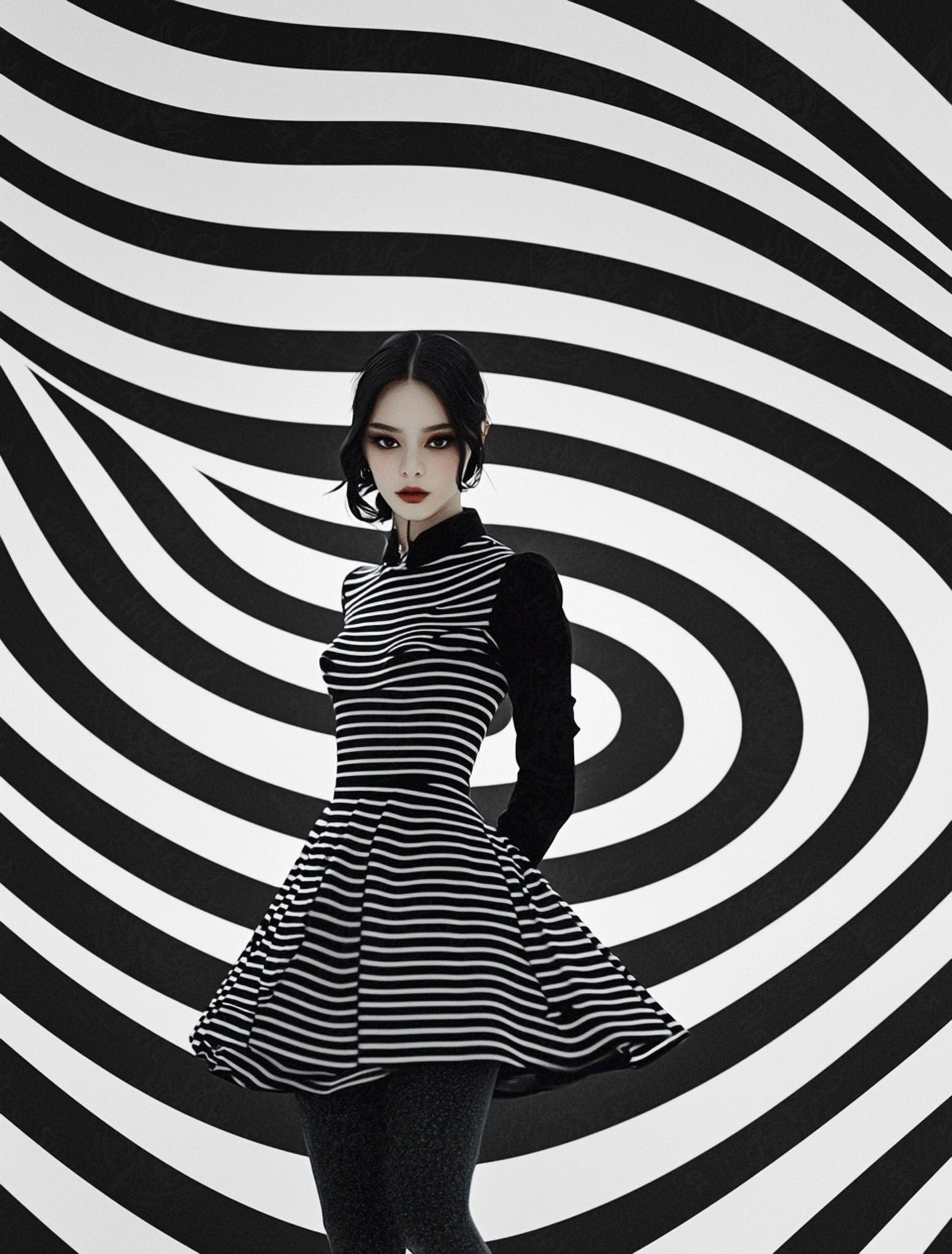 Black And White Fashion Photo of a Woman In The Center of a Optical Illusion That Creates Visual Depth and Movement 03 by 04 032 SN2468 - Sweet As Hell Designs