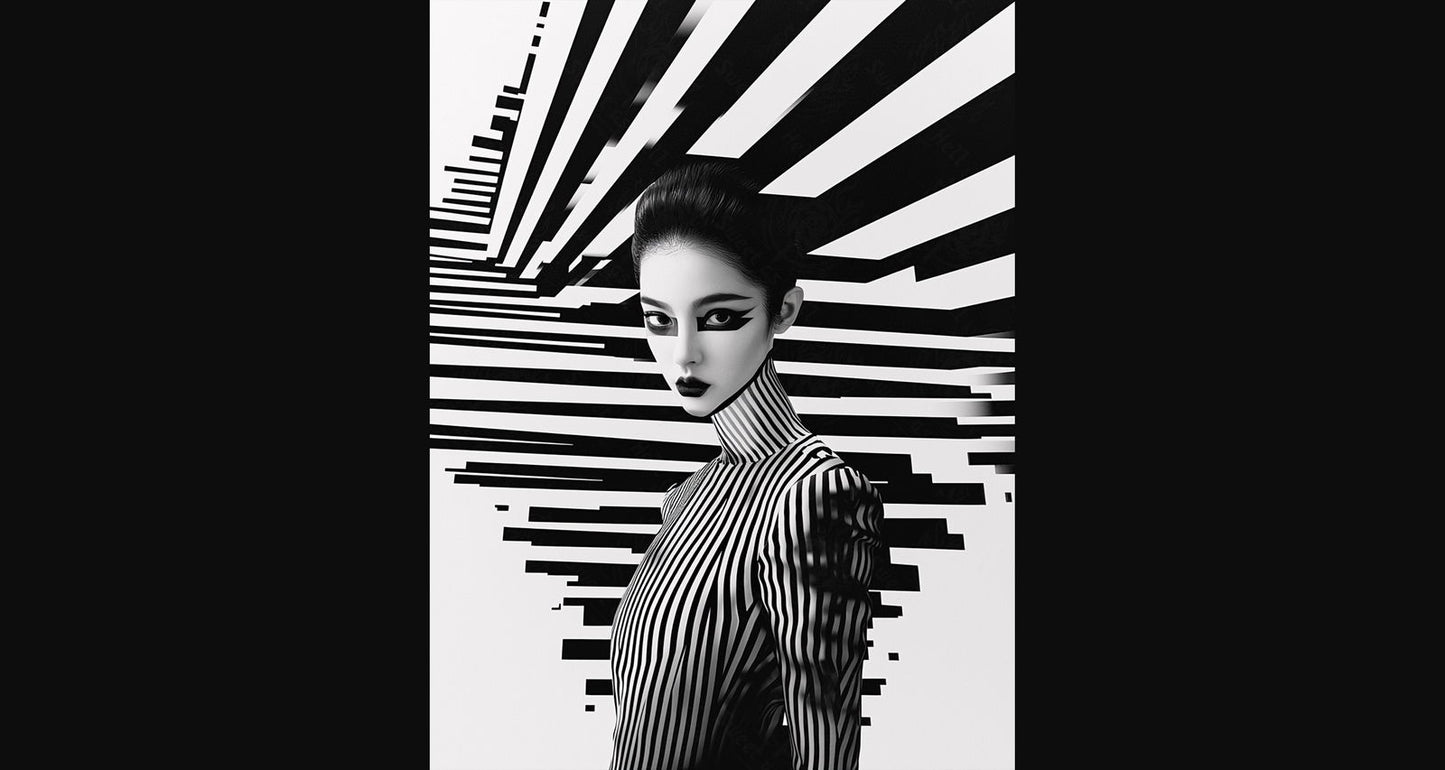 Black And White Fashion Photo of a Woman In The Center of a Optical Illusion That Creates Visual Depth and Movement 03 by 04 033 SN2469 - Sweet As Hell Designs