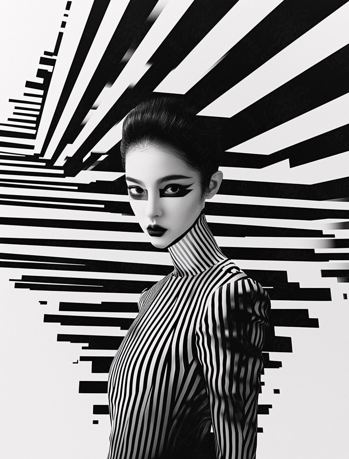 Black And White Fashion Photo of a Woman In The Center of a Optical Illusion That Creates Visual Depth and Movement 03 by 04 033 SN2469 - Sweet As Hell Designs