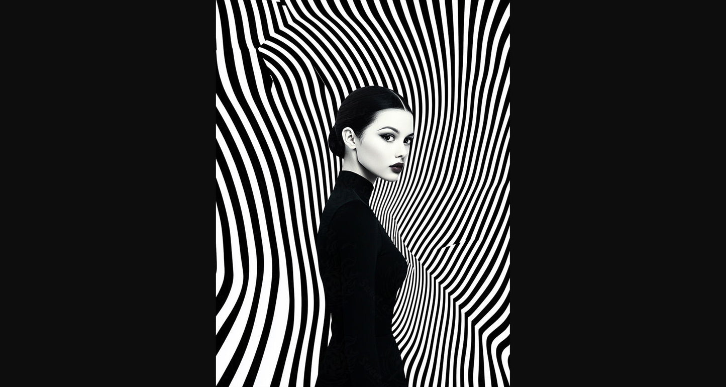 Black And White Fashion Photo of a Woman In The Center of a Optical Illusion That Creates Visual Depth and Movement 03 by 04 034 SN2470 - Sweet As Hell Designs