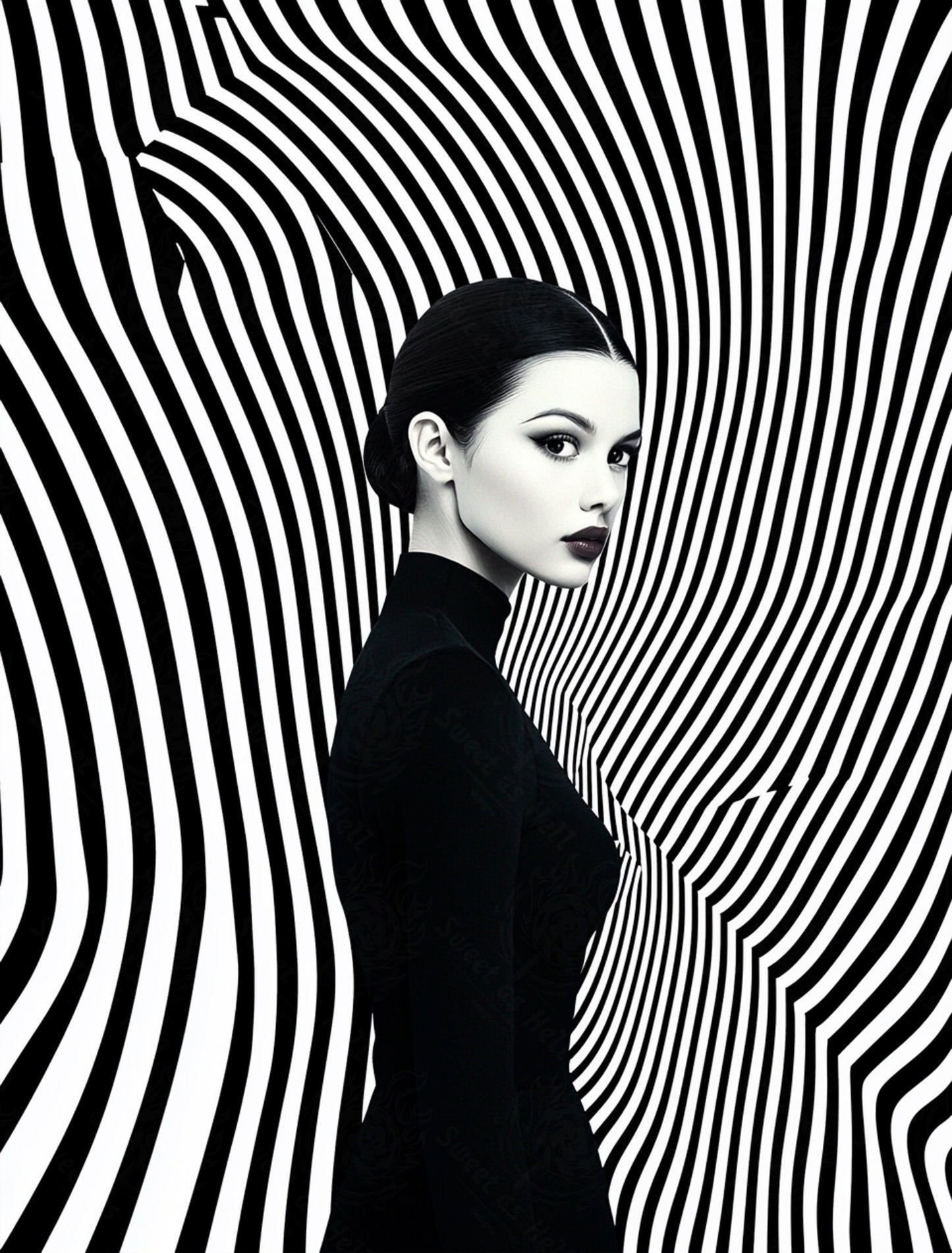 Black And White Fashion Photo of a Woman In The Center of a Optical Illusion That Creates Visual Depth and Movement 03 by 04 034 SN2470 - Sweet As Hell Designs