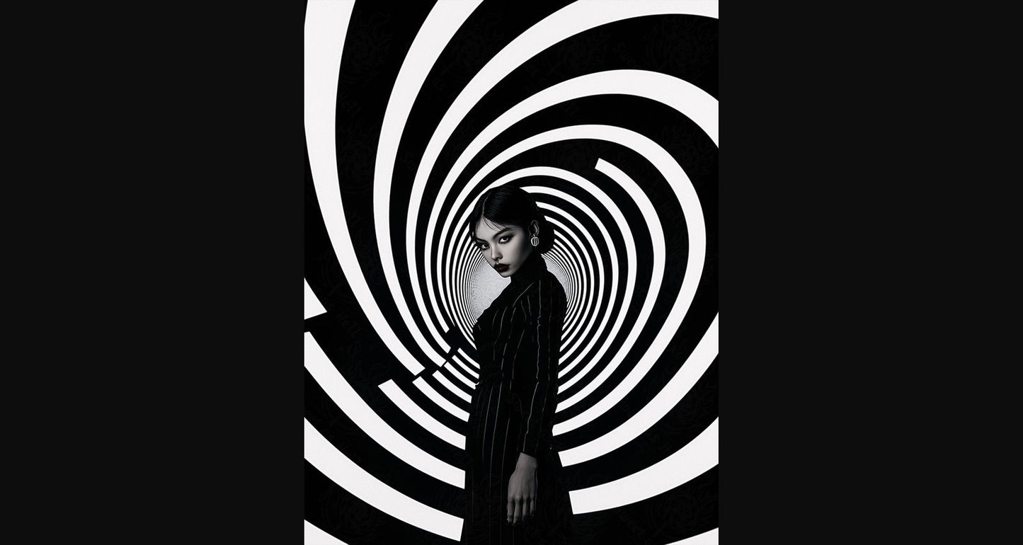 Black And White Fashion Photo of a Woman In The Center of a Optical Illusion That Creates Visual Depth and Movement 03 by 04 035 SN2471 - Sweet As Hell Designs